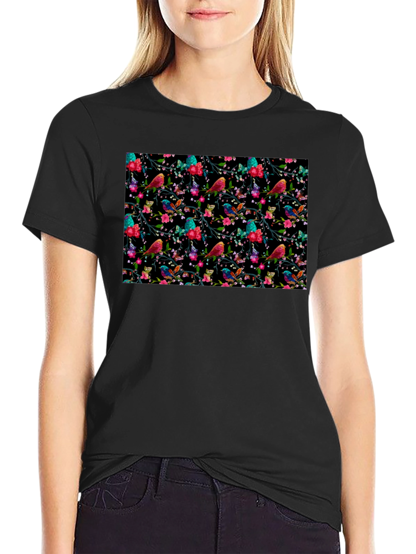 Floral Bird Print Black Tee