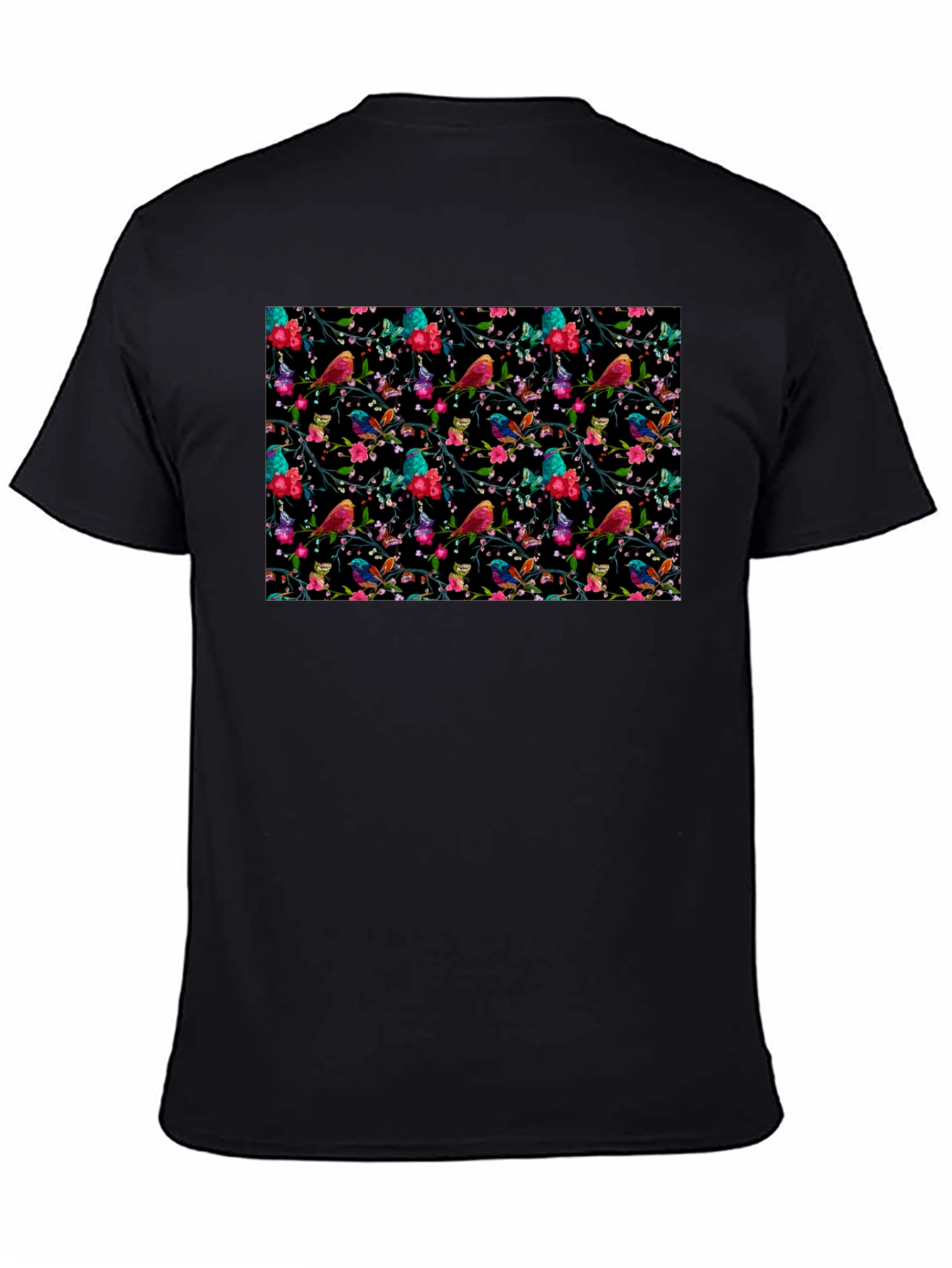 Floral Bird Print Black Tee