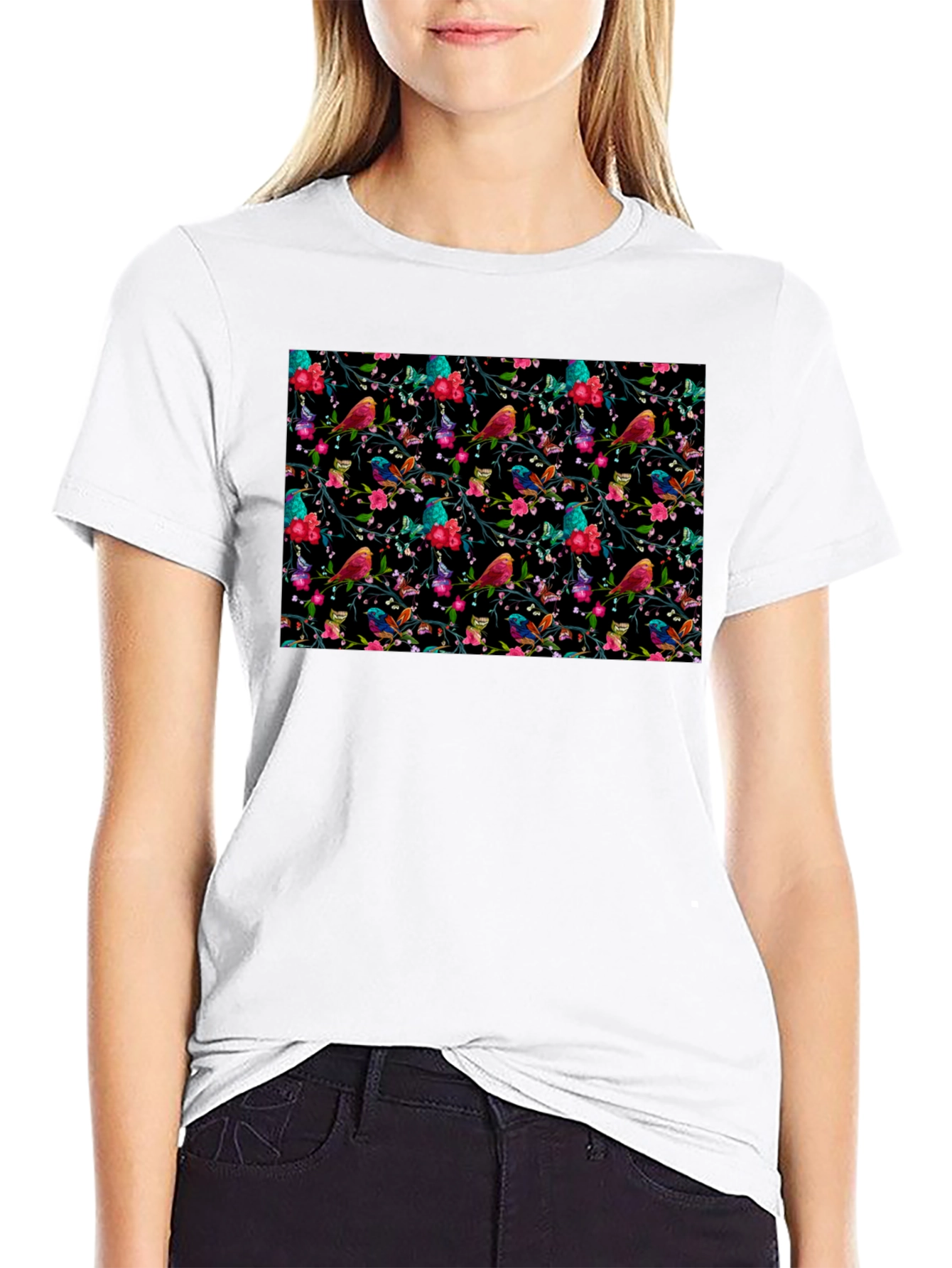 Floral Bird Print Black Tee