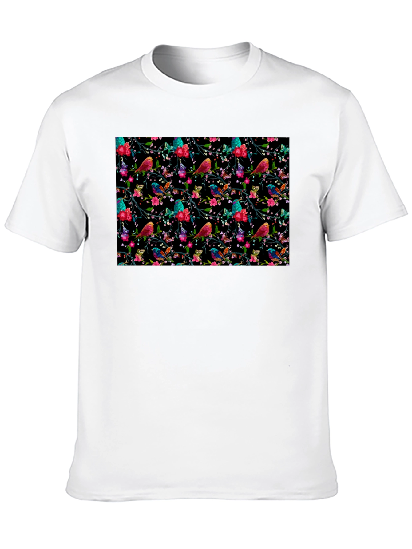 Floral Bird Print Black Tee