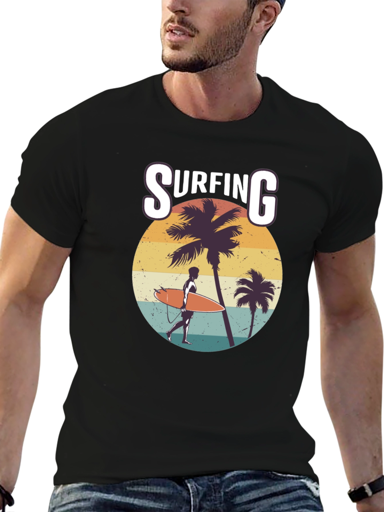 Surfing Graphic Print Black T-Shirt