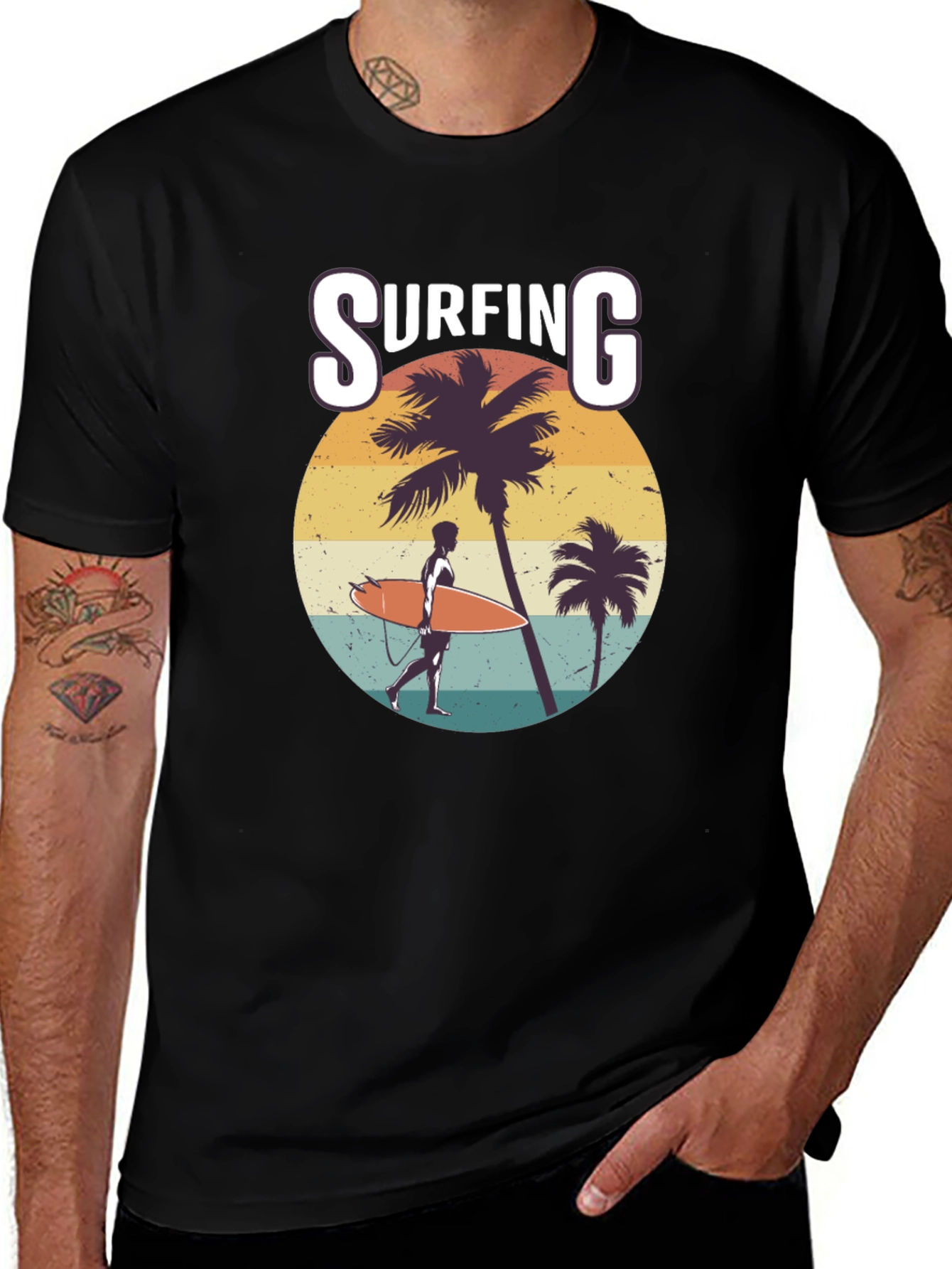 Surfing Graphic Print Black T-Shirt