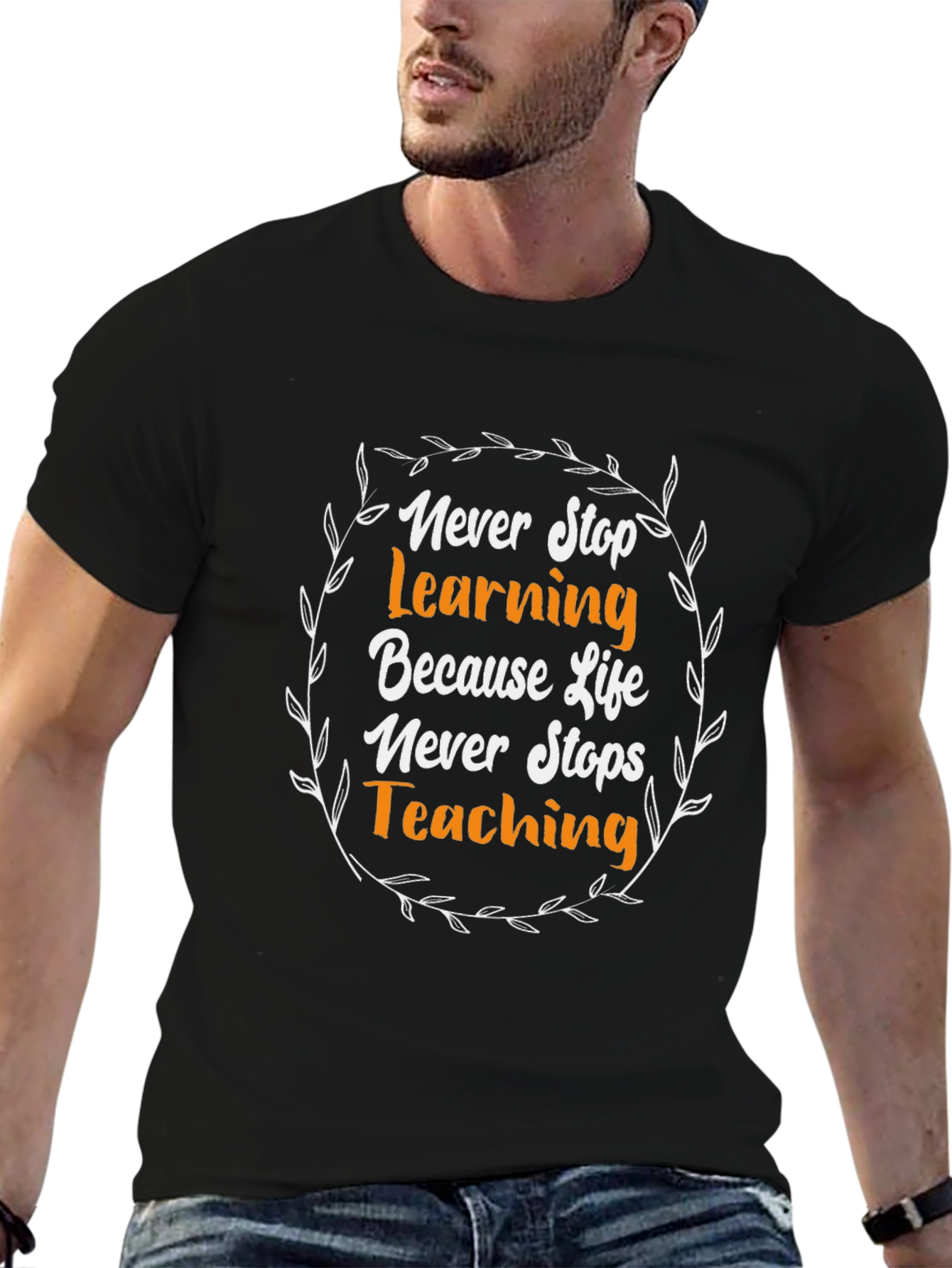 Never Stop Learning Black Graphic T-Shirt