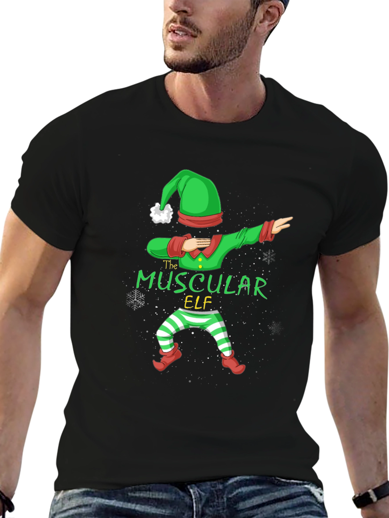Muscular Elf Dabbing Christmas T-Shirt