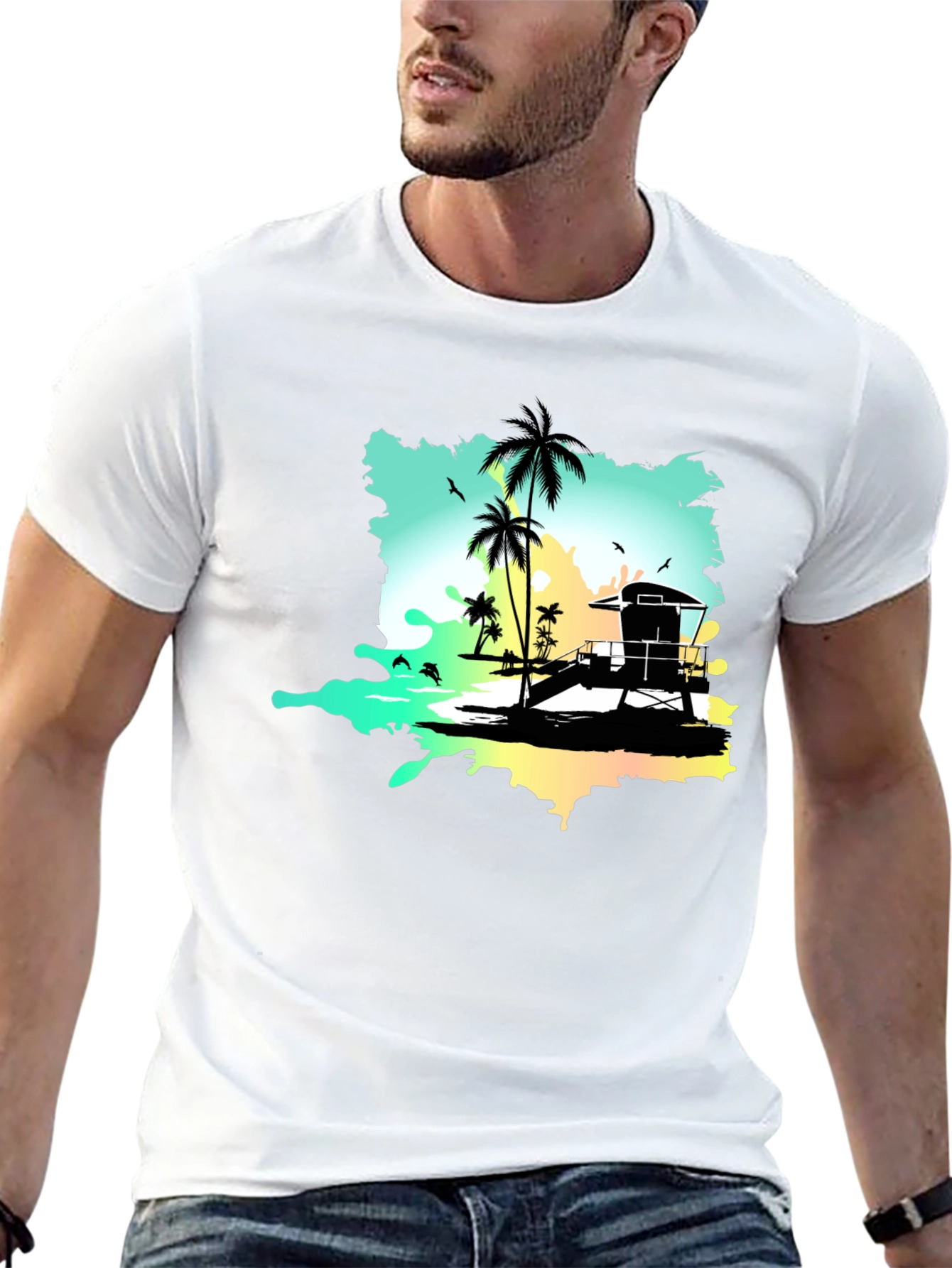Tropical Beach Graphic Tee - Black
