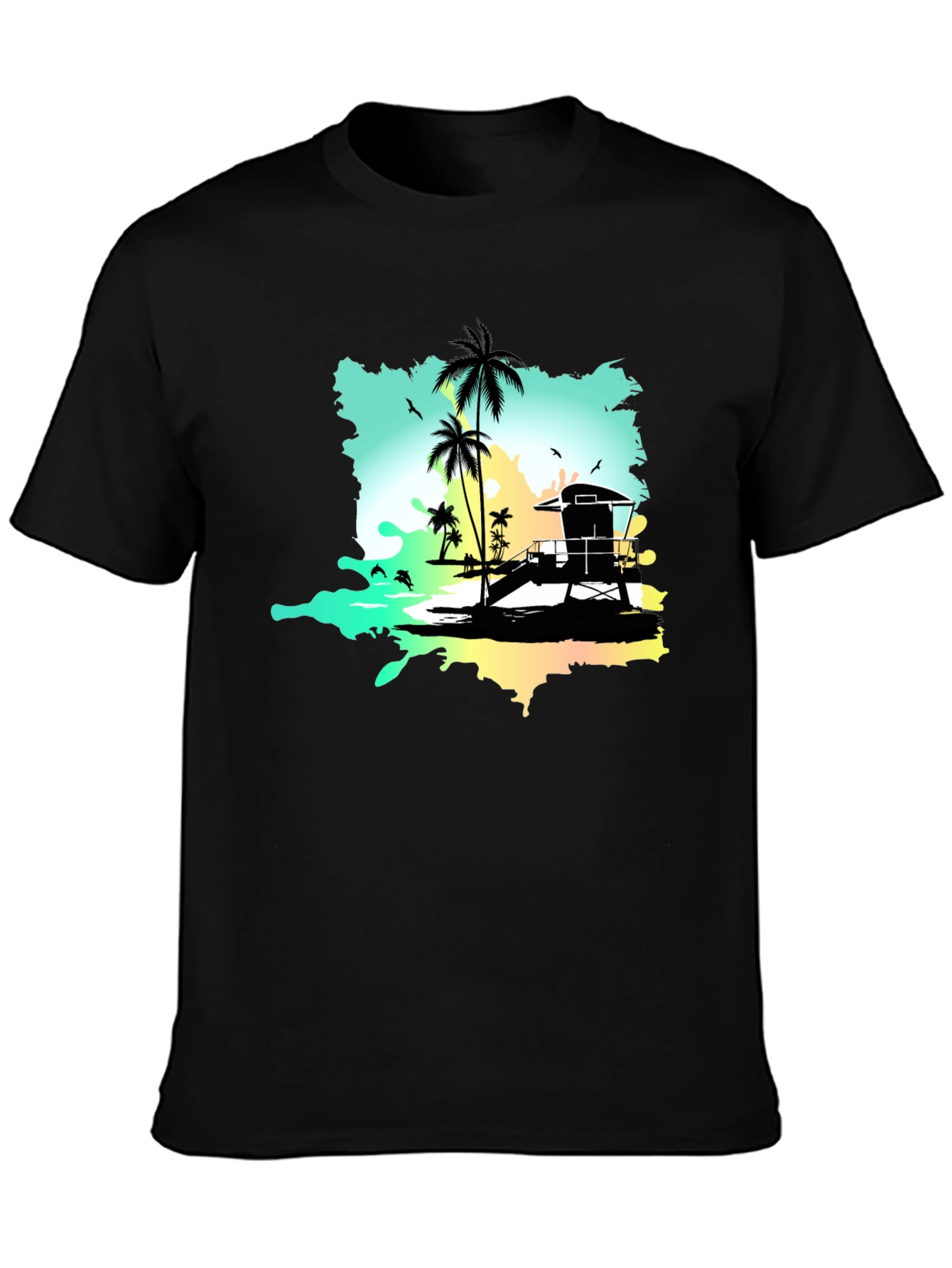Tropical Beach Graphic Tee - Black