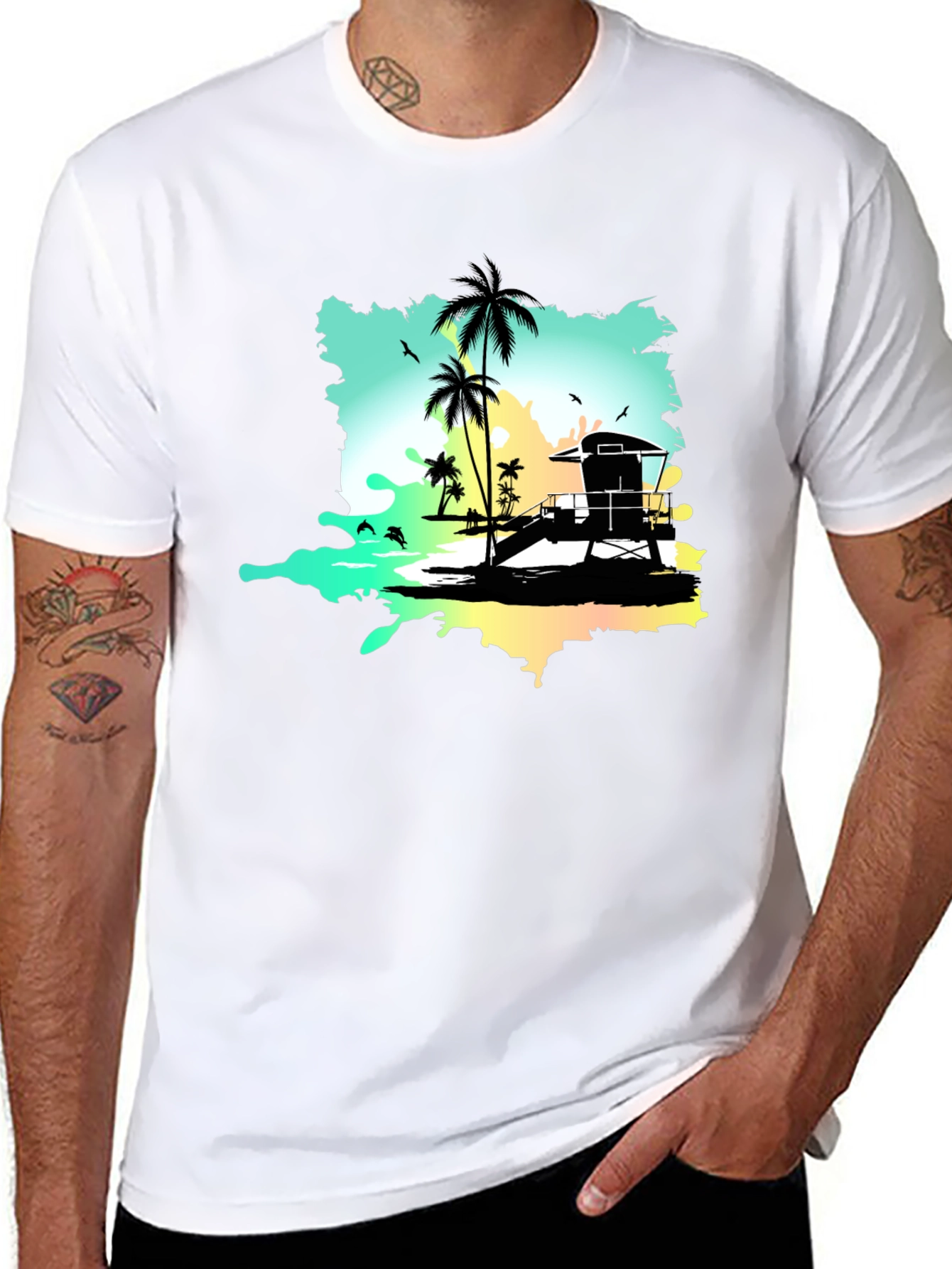 Tropical Beach Graphic Tee - Black