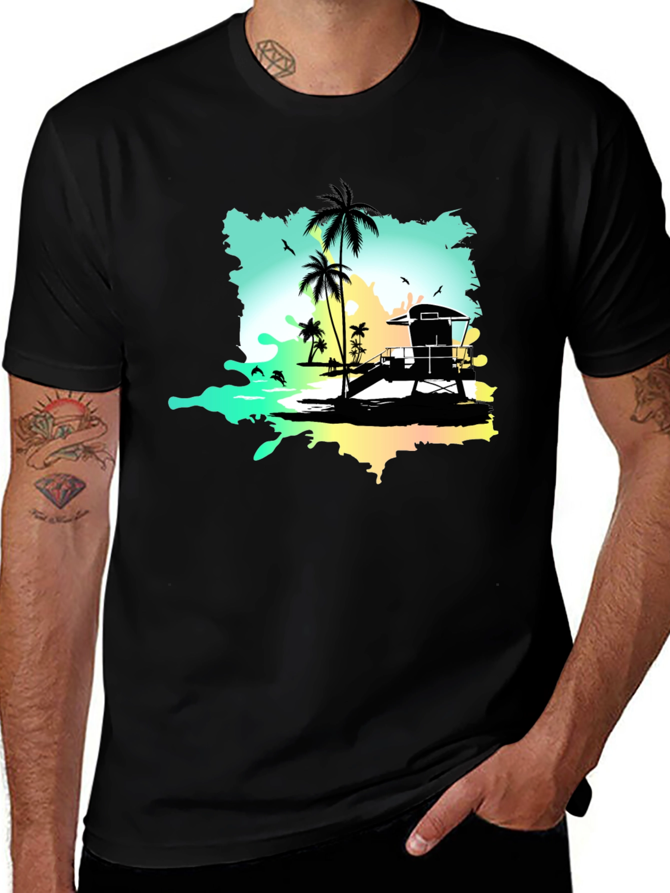 Tropical Beach Graphic Tee - Black