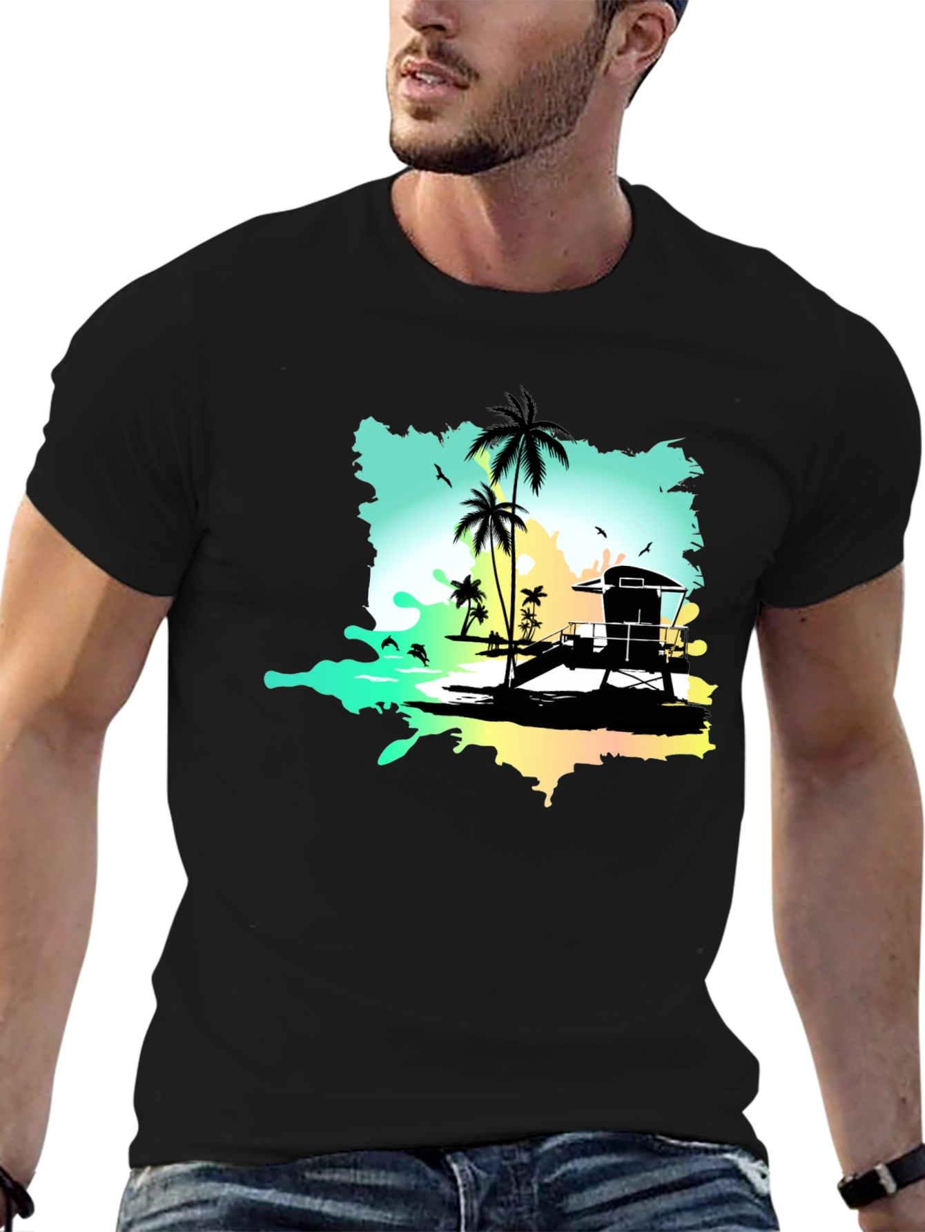 Tropical Beach Graphic Tee - Black
