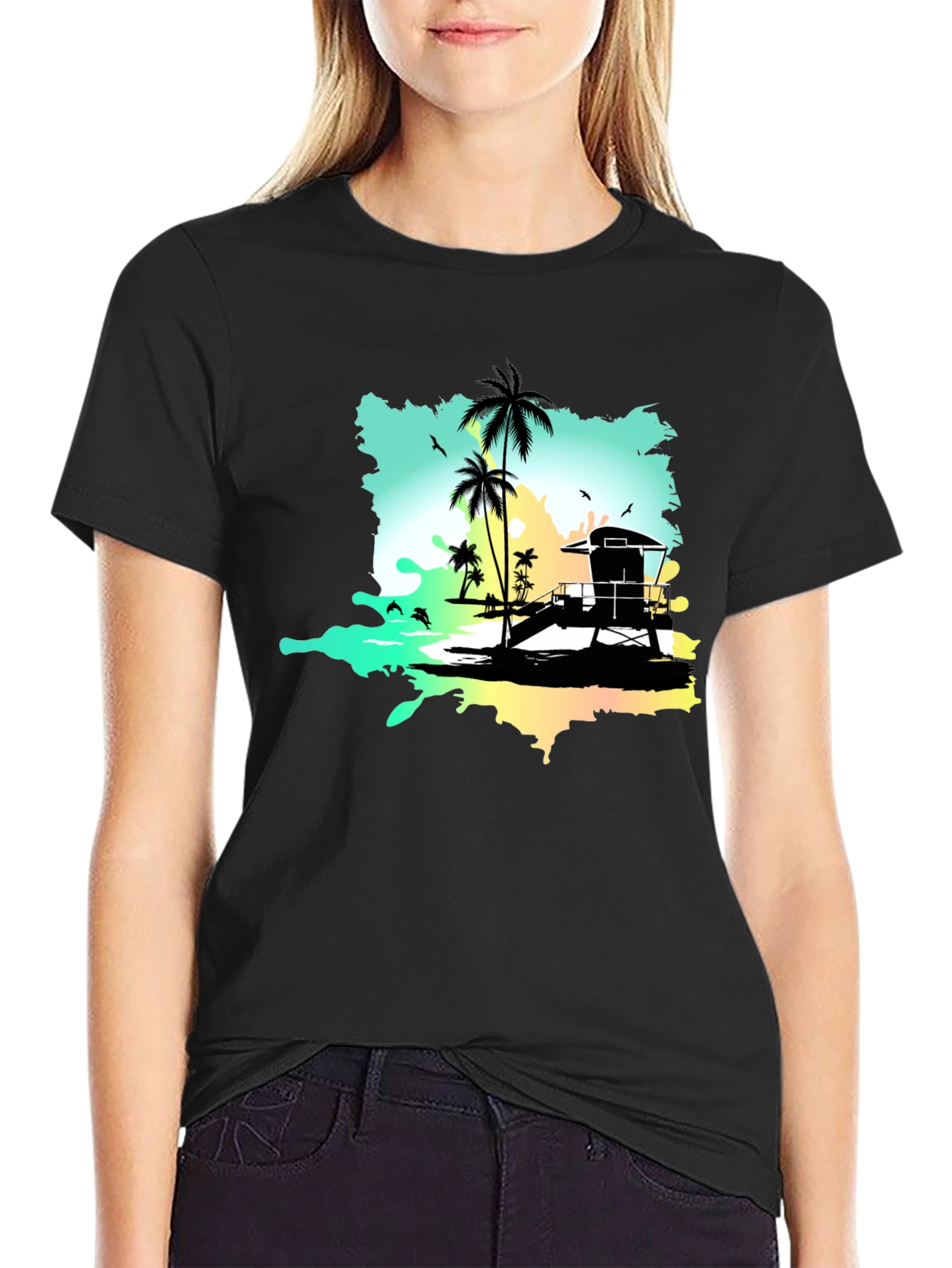 Tropical Beach Graphic Tee - Black
