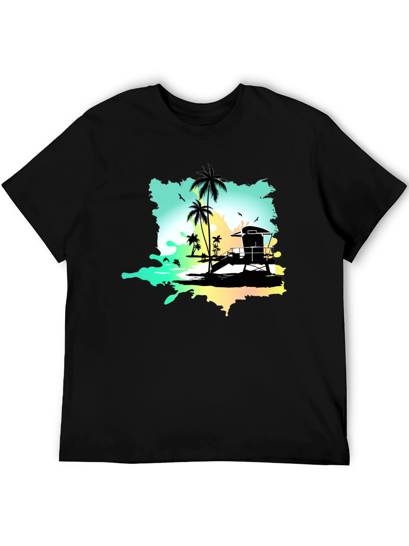 Tropical Beach Graphic Tee - Black