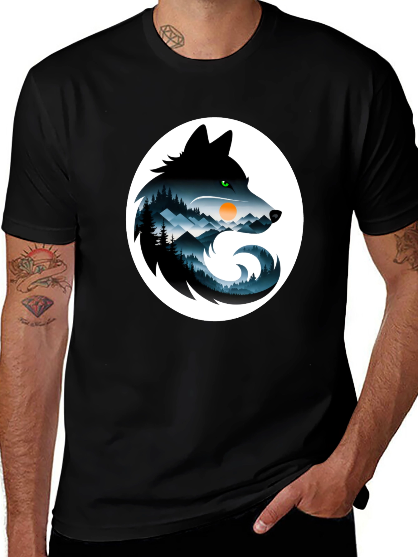 Wolf Silhouette Mountain Scene Graphic T-Shirt