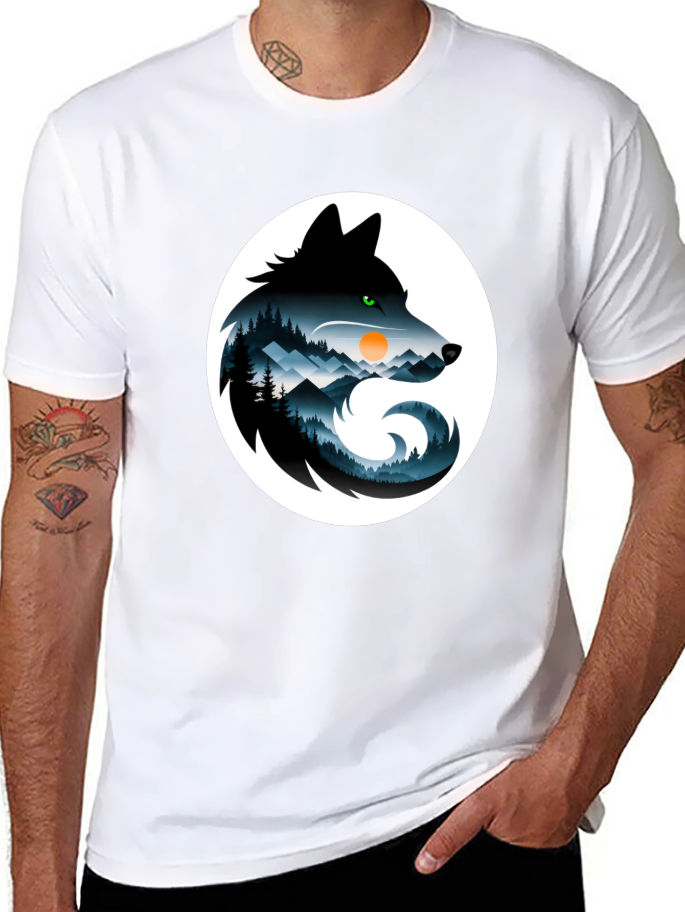 Wolf Silhouette Mountain Scene Graphic T-Shirt