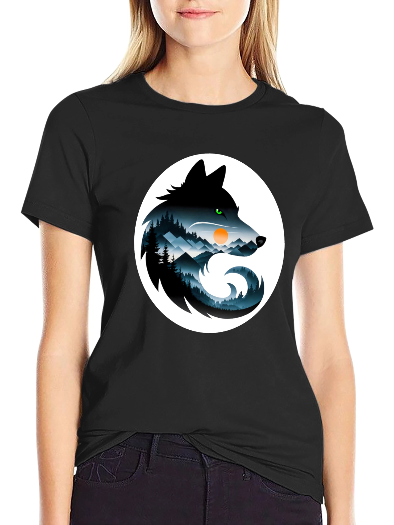 Wolf Silhouette Mountain Scene Graphic T-Shirt