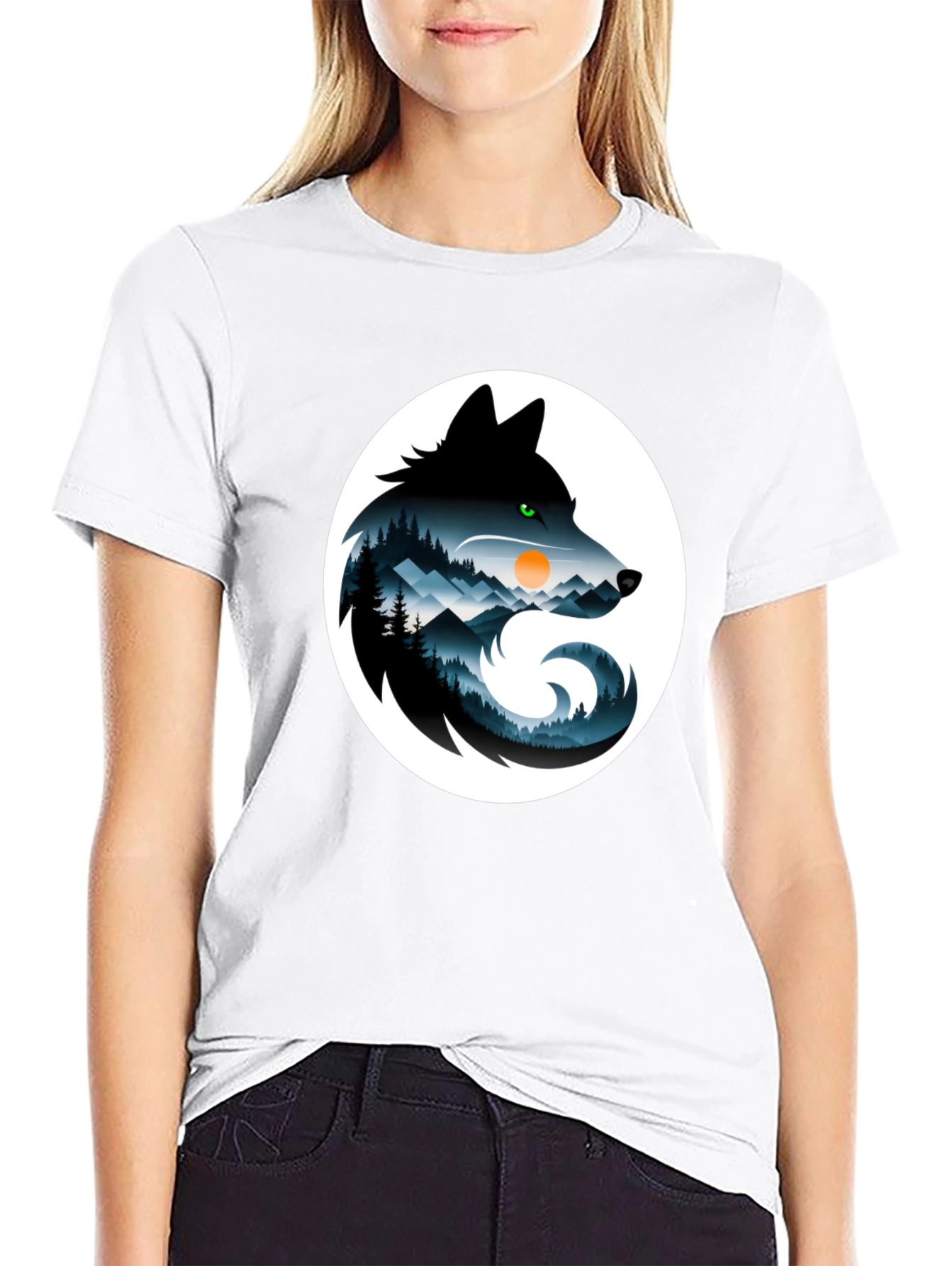 Wolf Silhouette Mountain Scene Graphic T-Shirt
