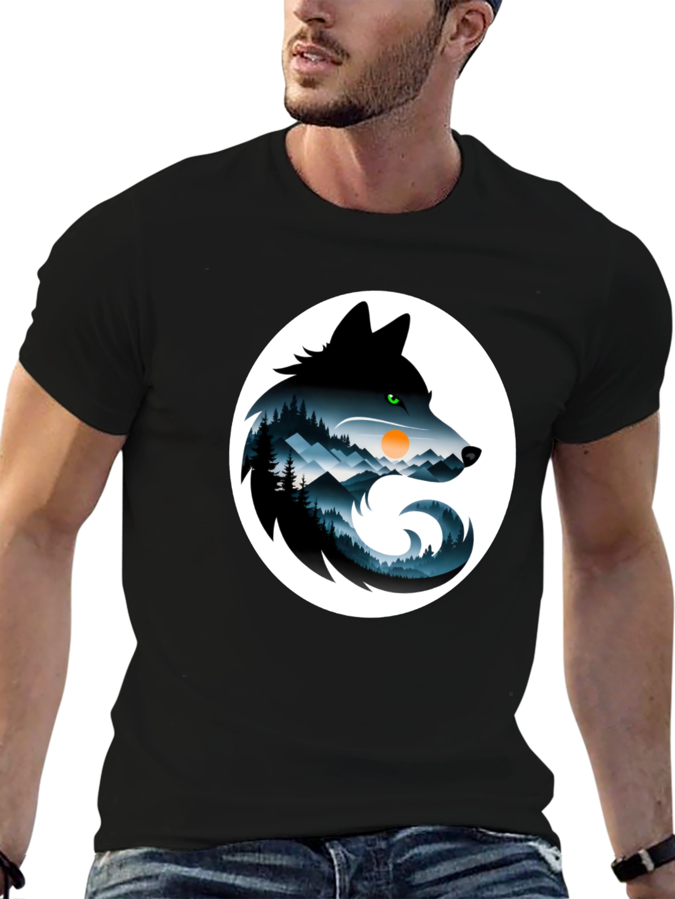 Wolf Silhouette Mountain Scene Graphic T-Shirt
