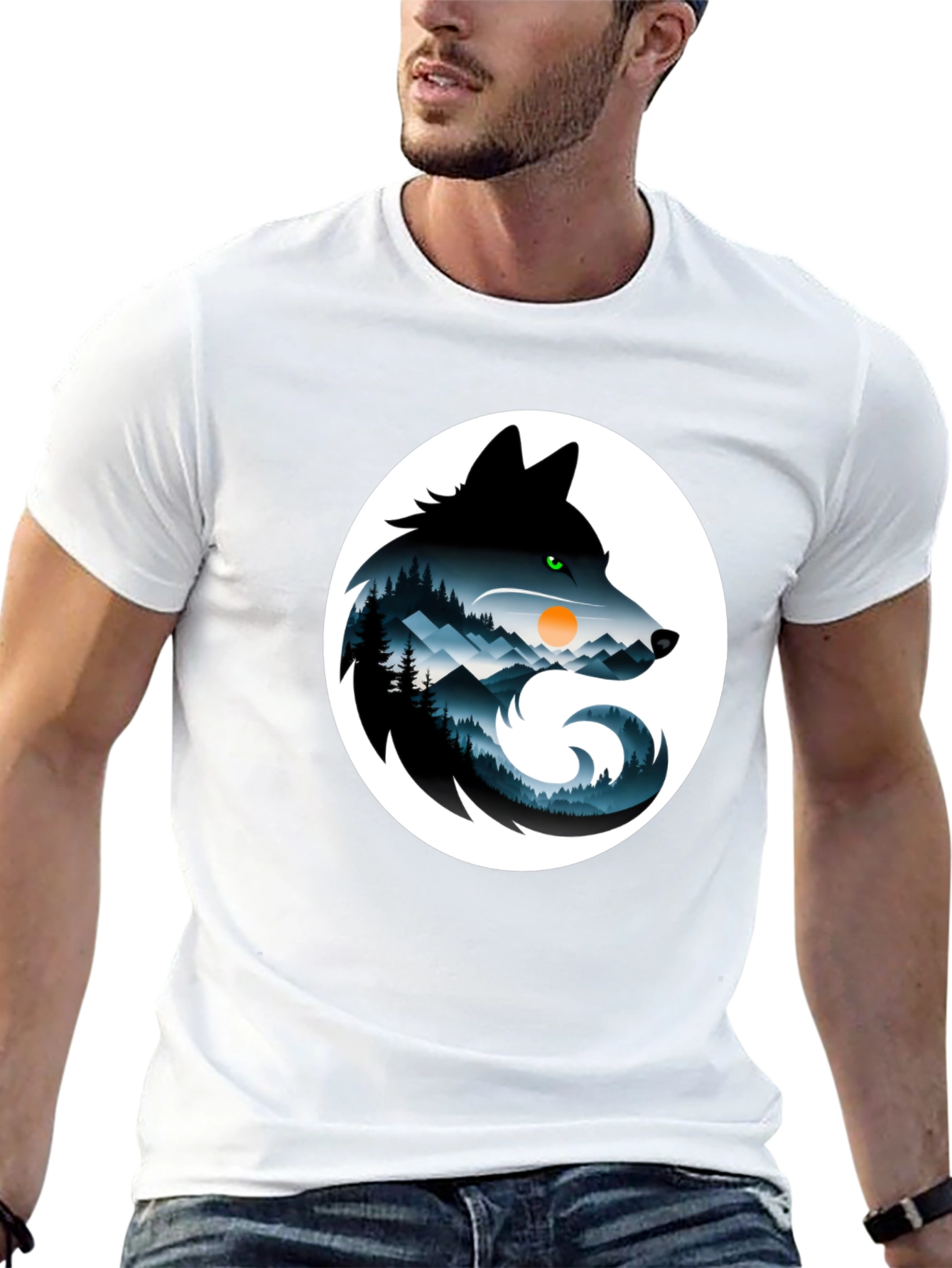 Wolf Silhouette Mountain Scene Graphic T-Shirt