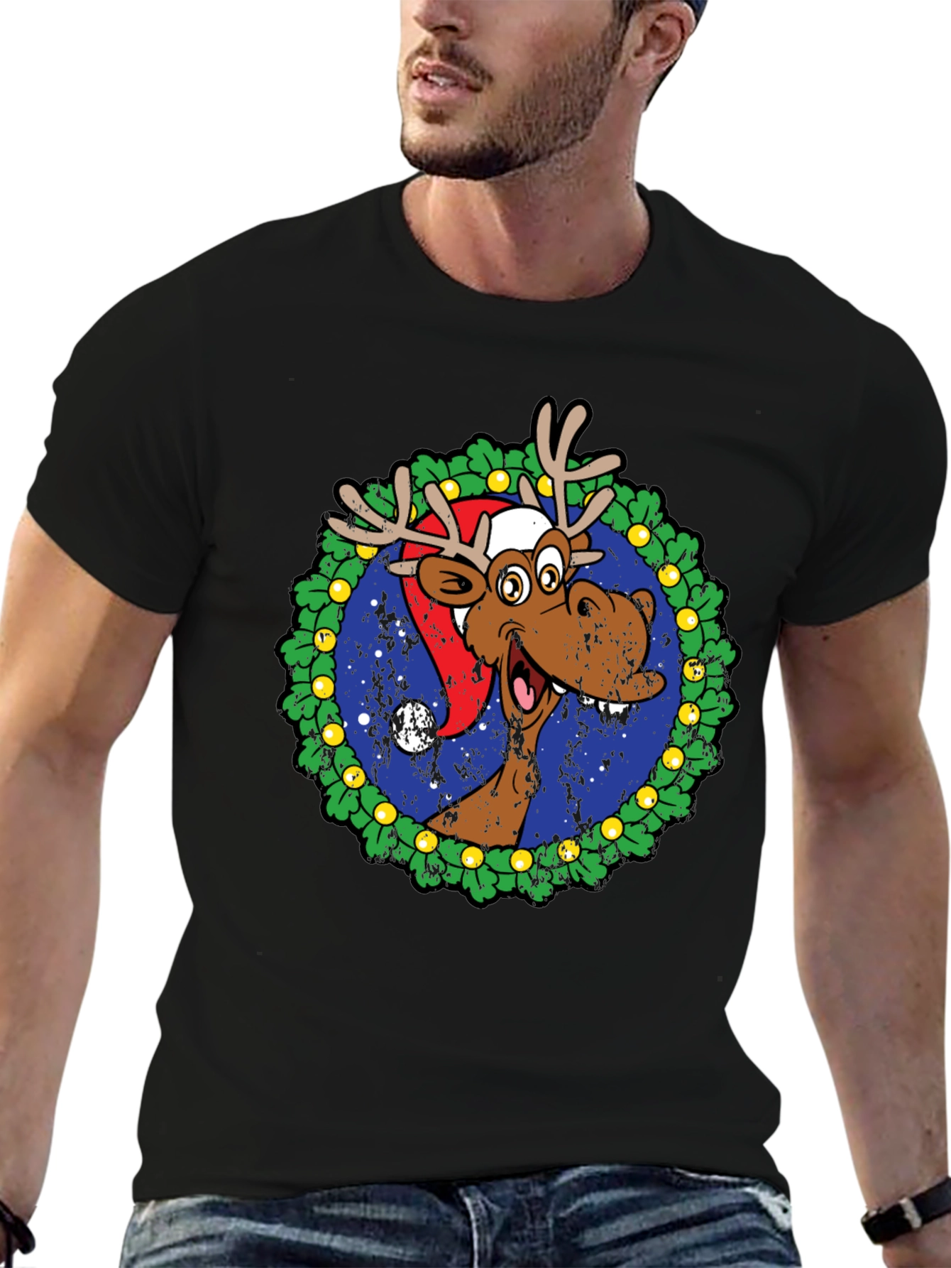 Moose Christmas Wreath Graphic T-Shirt