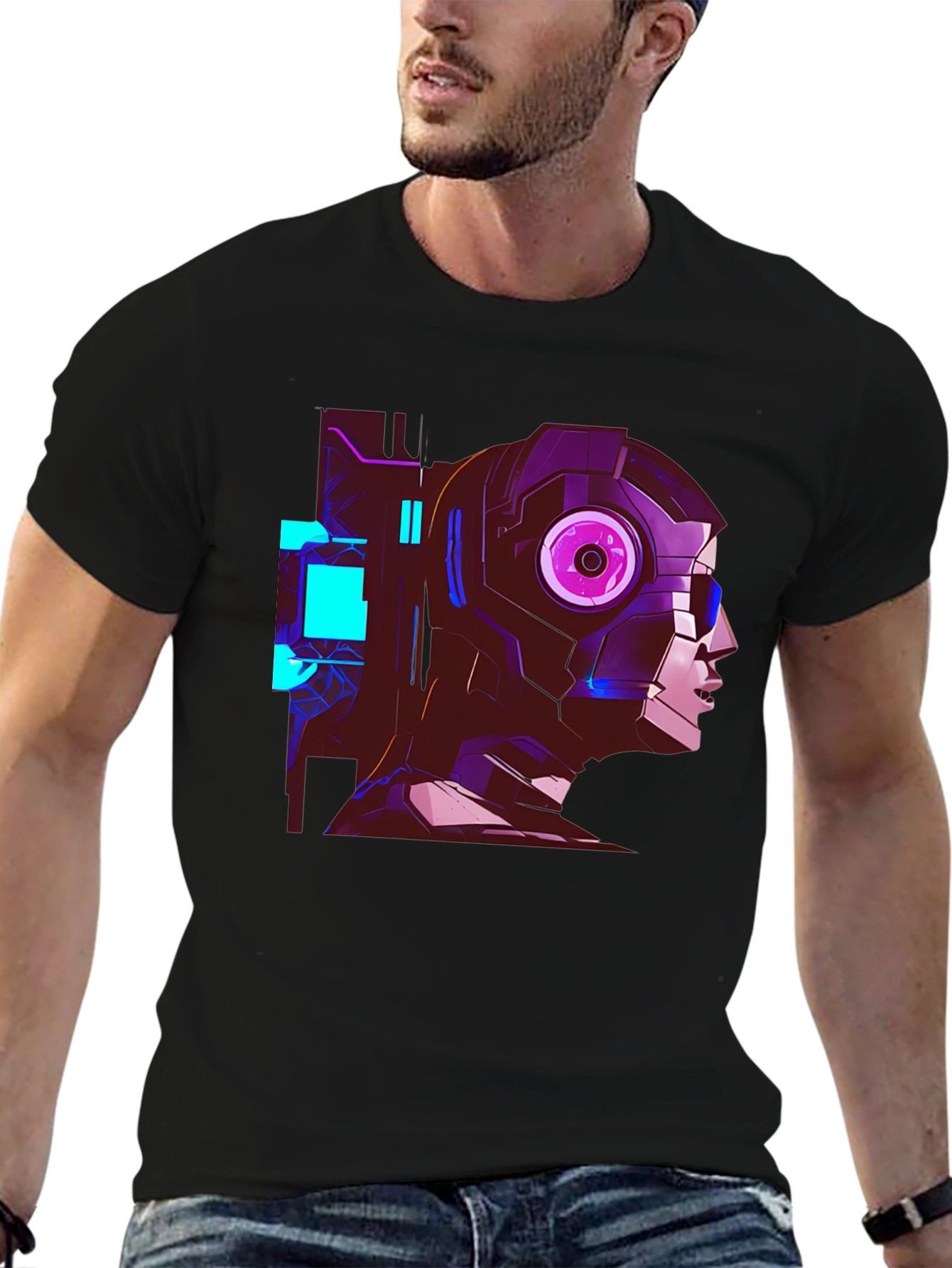 Cyberpunk Robot Head Graphic Black T-Shirt