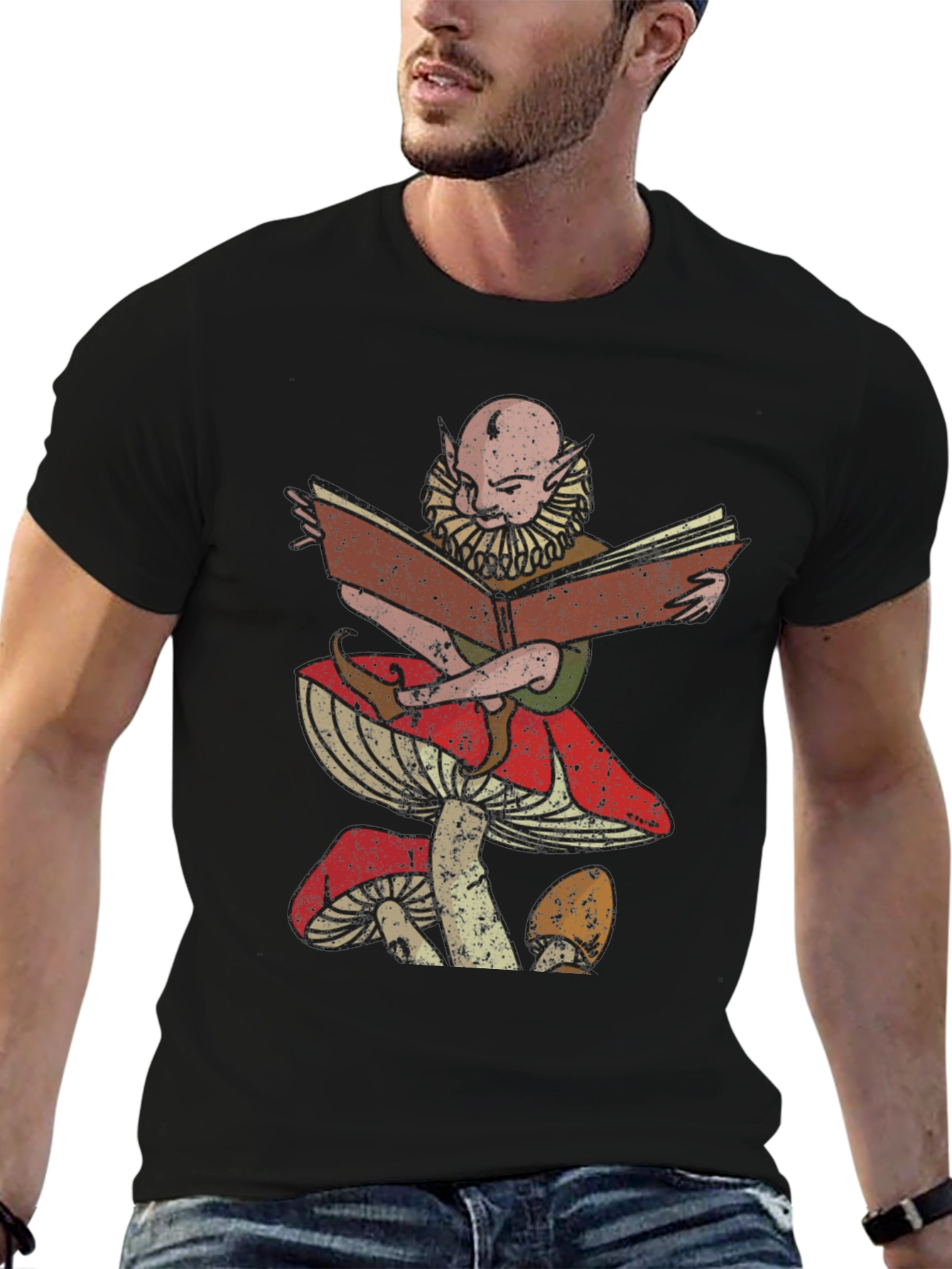Mushroom Elf Reading Book Graphic T-Shirt