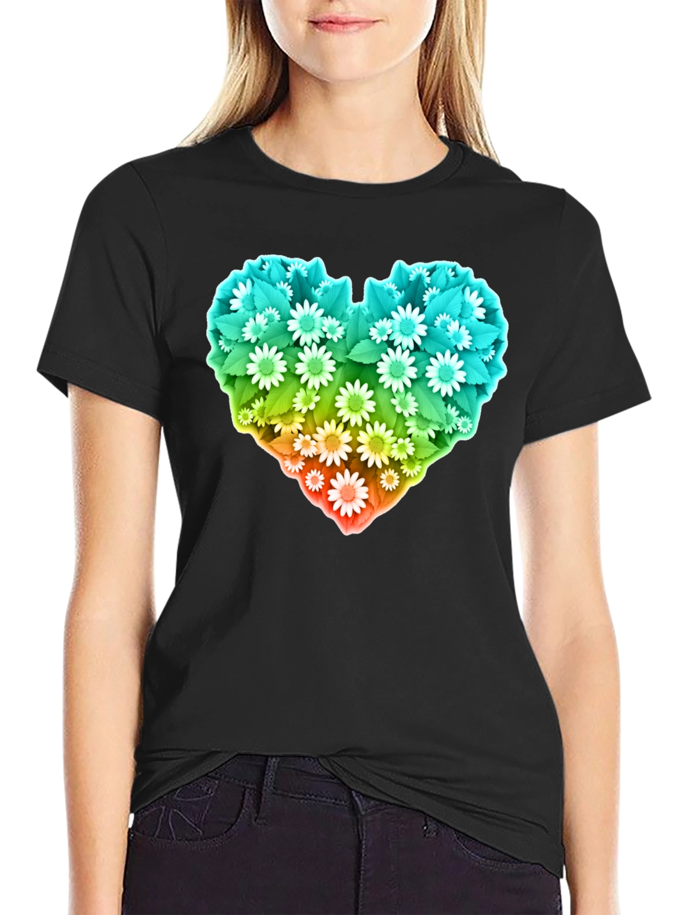 Floral Heart Graphic T-Shirt - Black