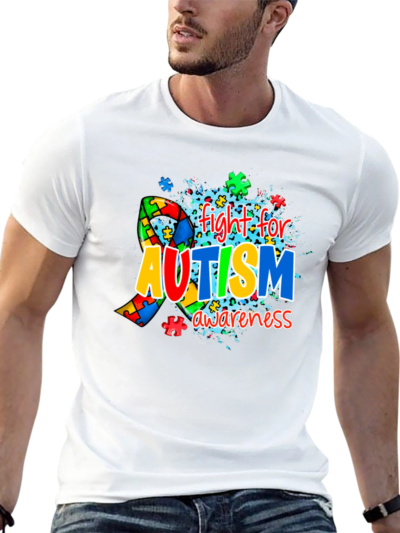 Autism Awareness Puzzle Ribbon Black T-Shirt