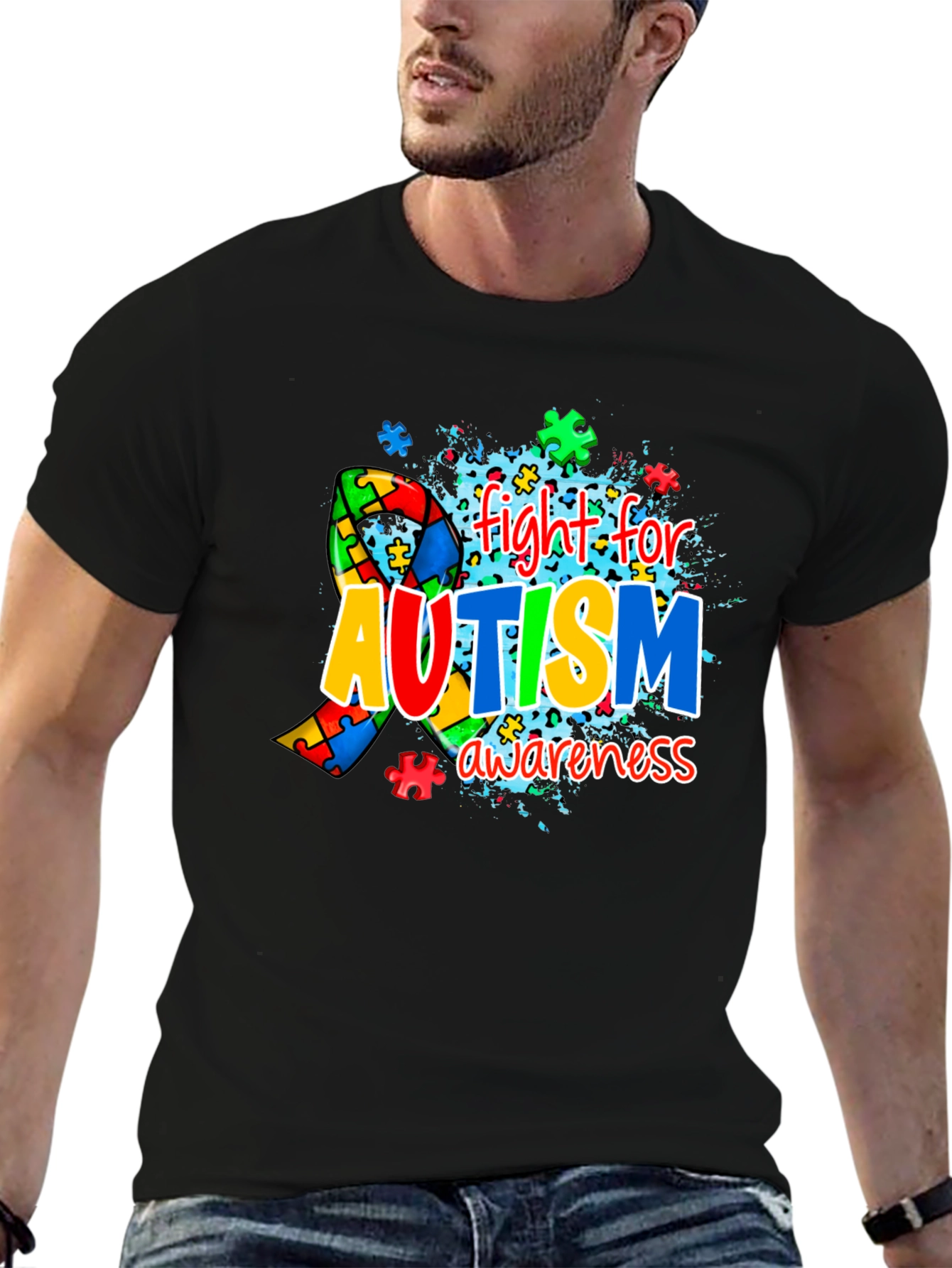 Autism Awareness Puzzle Ribbon Black T-Shirt