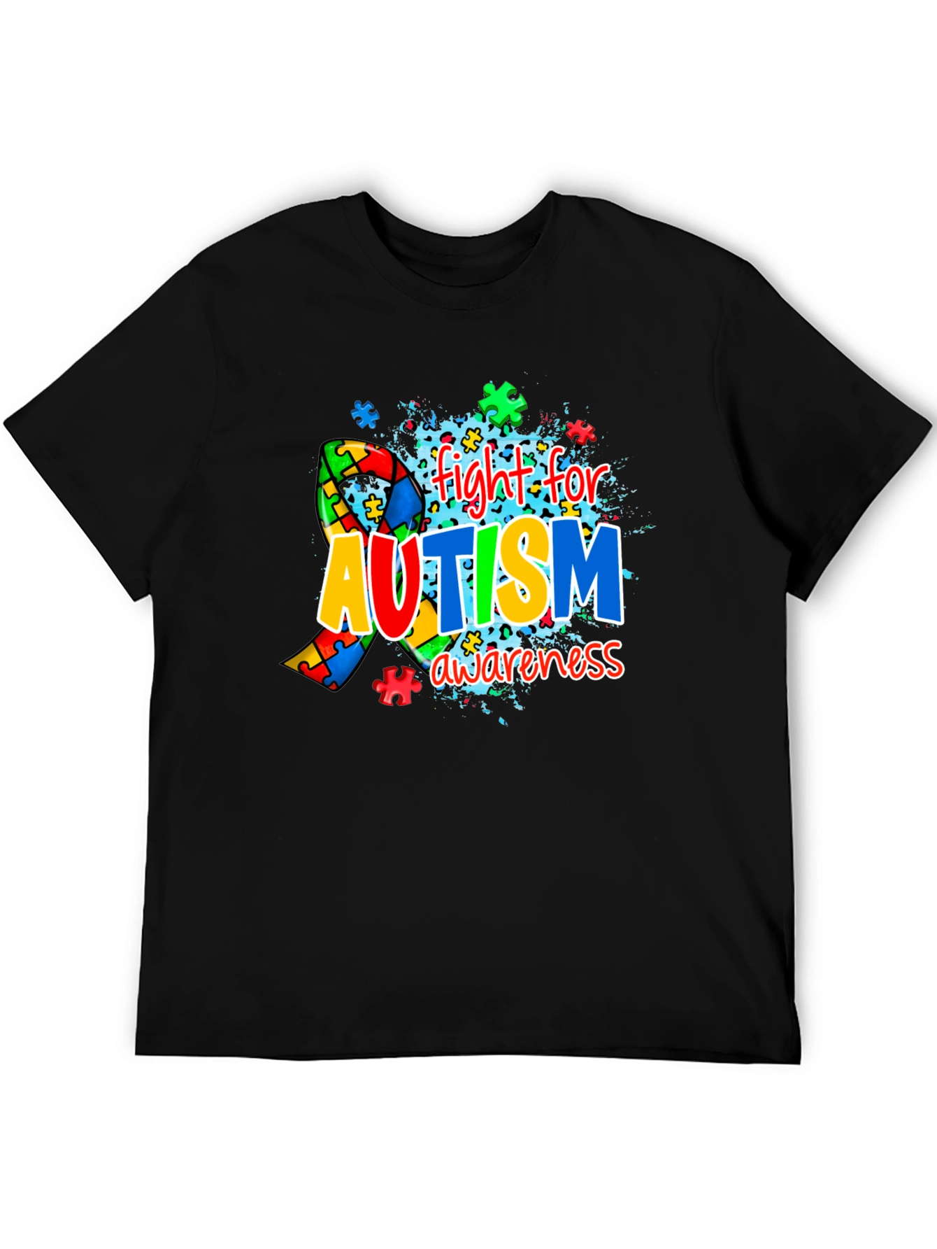 Autism Awareness Puzzle Ribbon Black T-Shirt