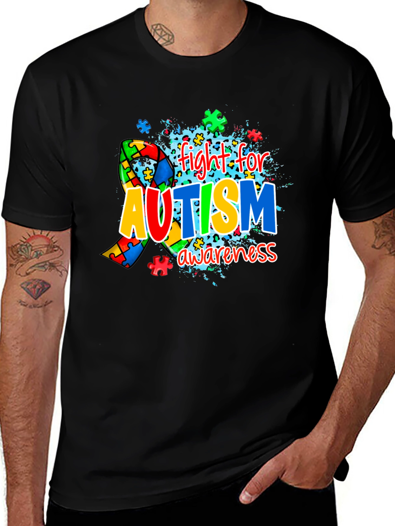 Autism Awareness Puzzle Ribbon Black T-Shirt