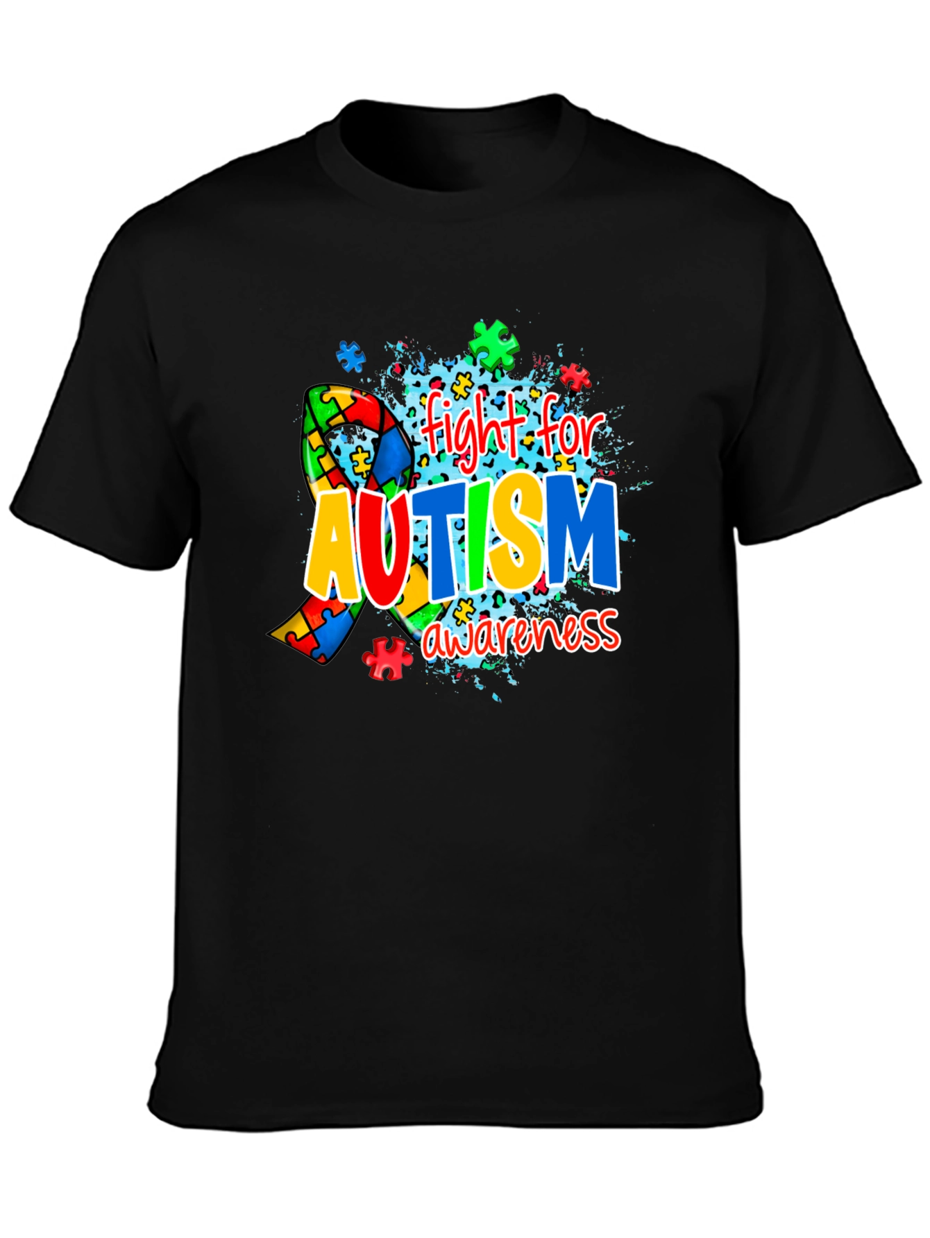 Autism Awareness Puzzle Ribbon Black T-Shirt