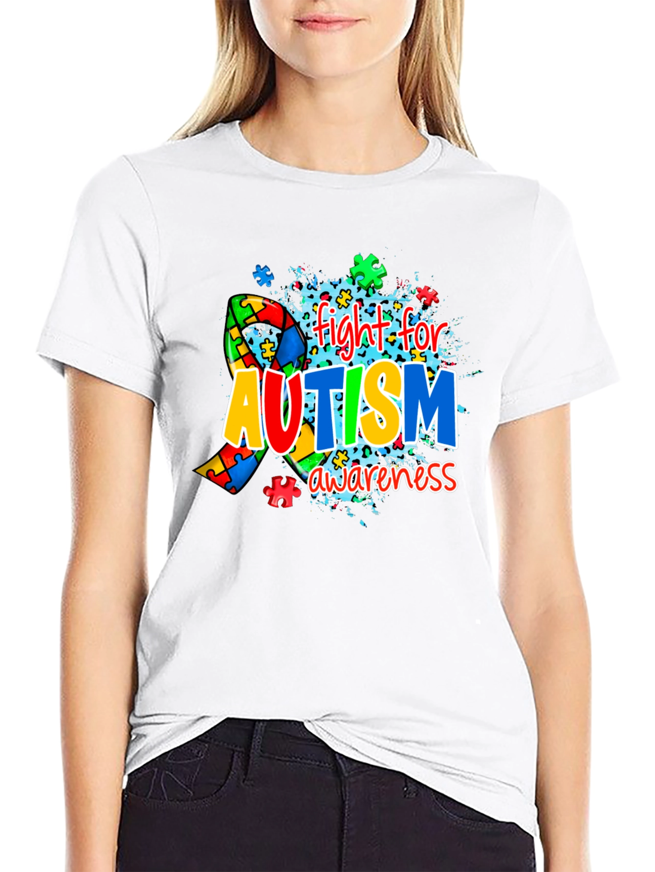 Autism Awareness Puzzle Ribbon Black T-Shirt