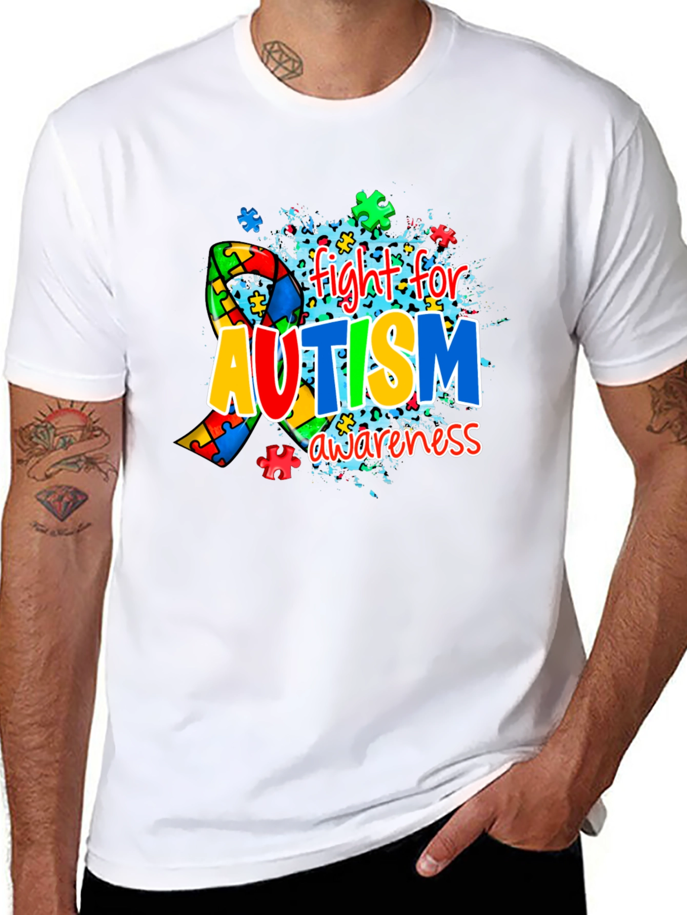 Autism Awareness Puzzle Ribbon Black T-Shirt