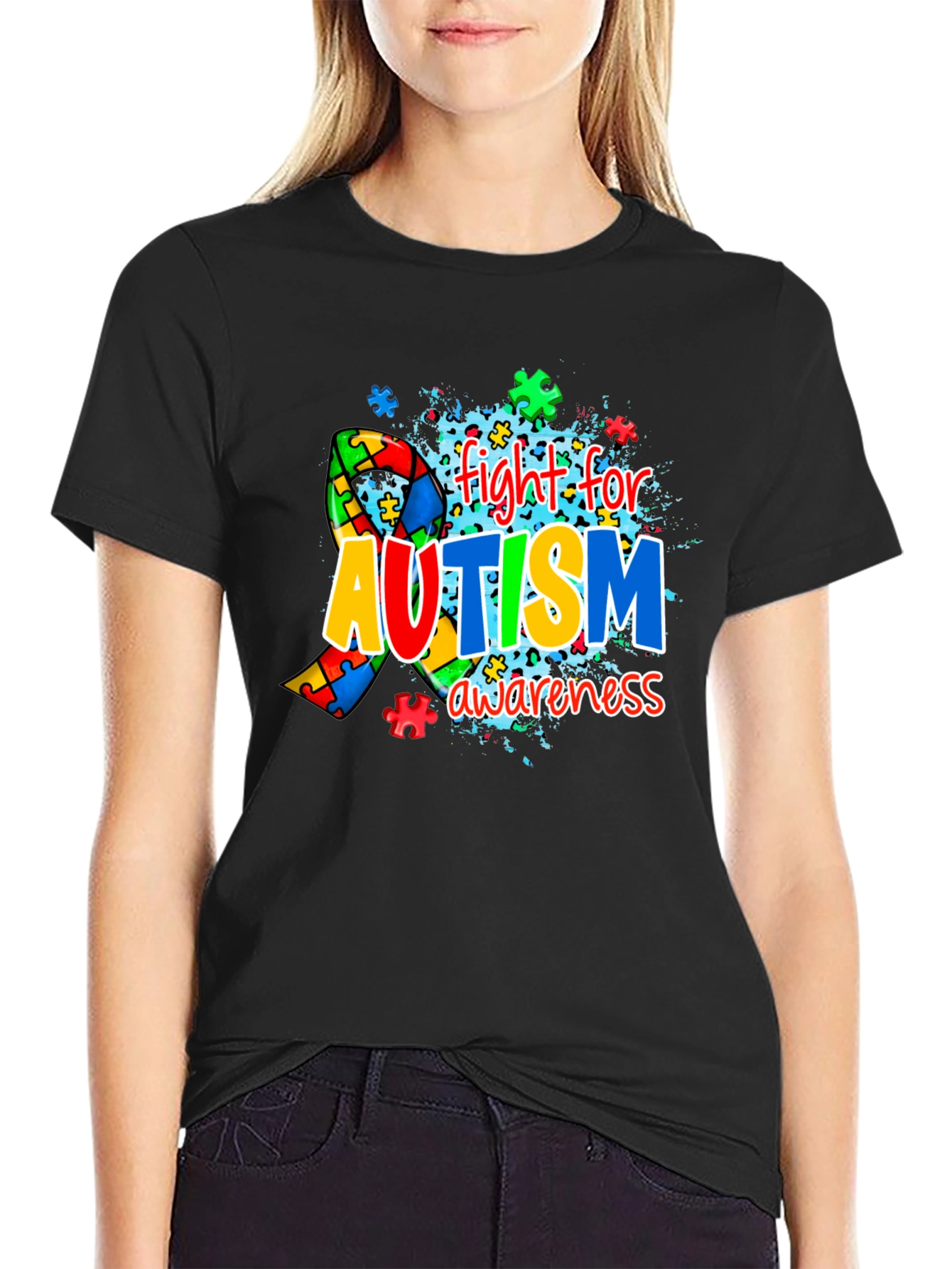 Autism Awareness Puzzle Ribbon Black T-Shirt