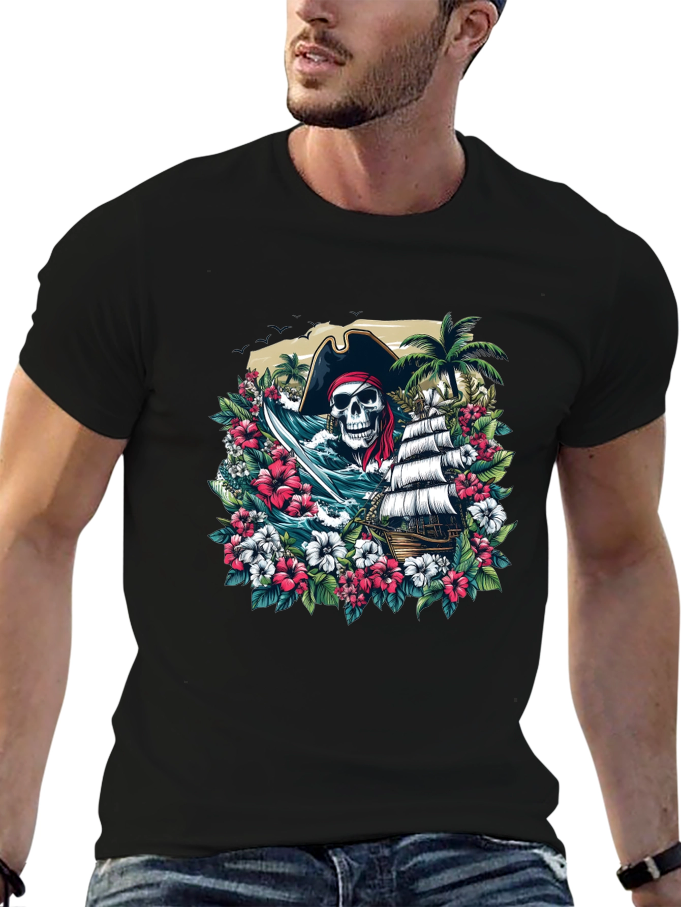 Pirate Skull Floral Graphic T-Shirt