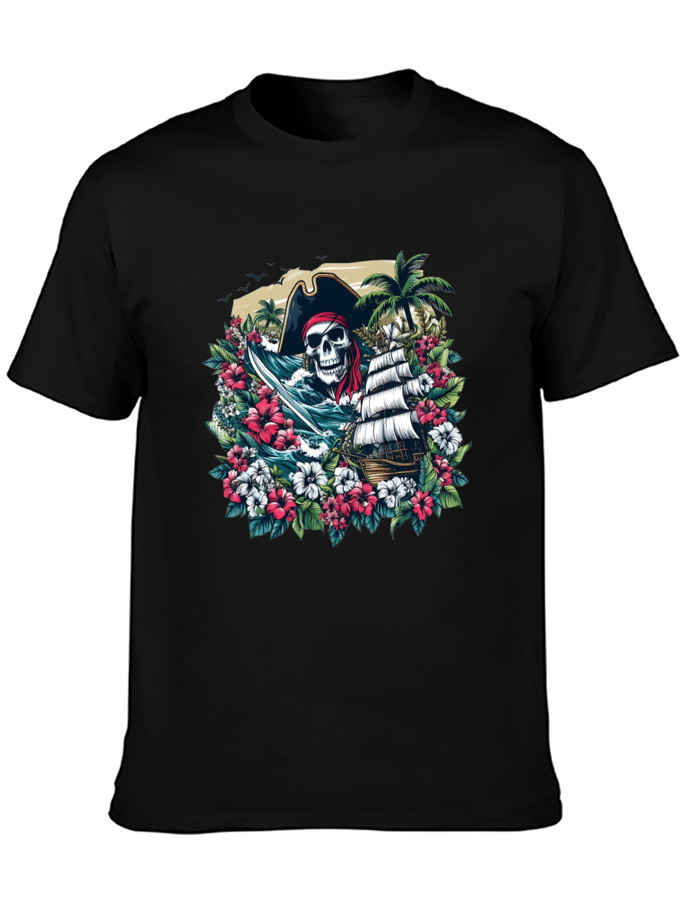 Pirate Skull Floral Graphic T-Shirt