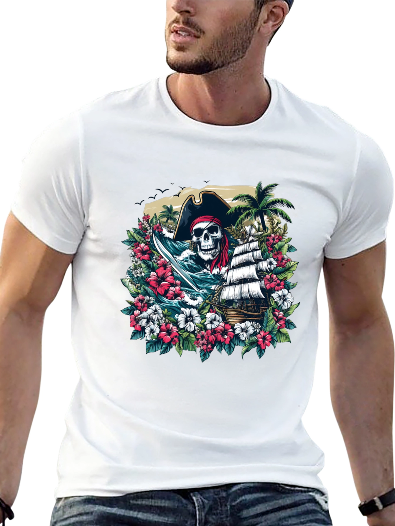 Pirate Skull Floral Graphic T-Shirt