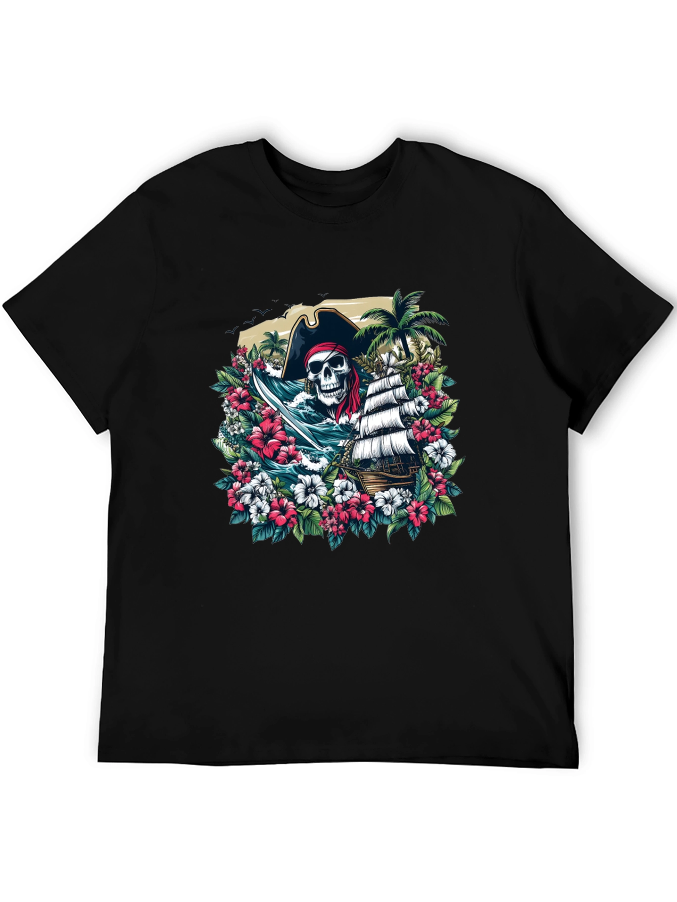 Pirate Skull Floral Graphic T-Shirt
