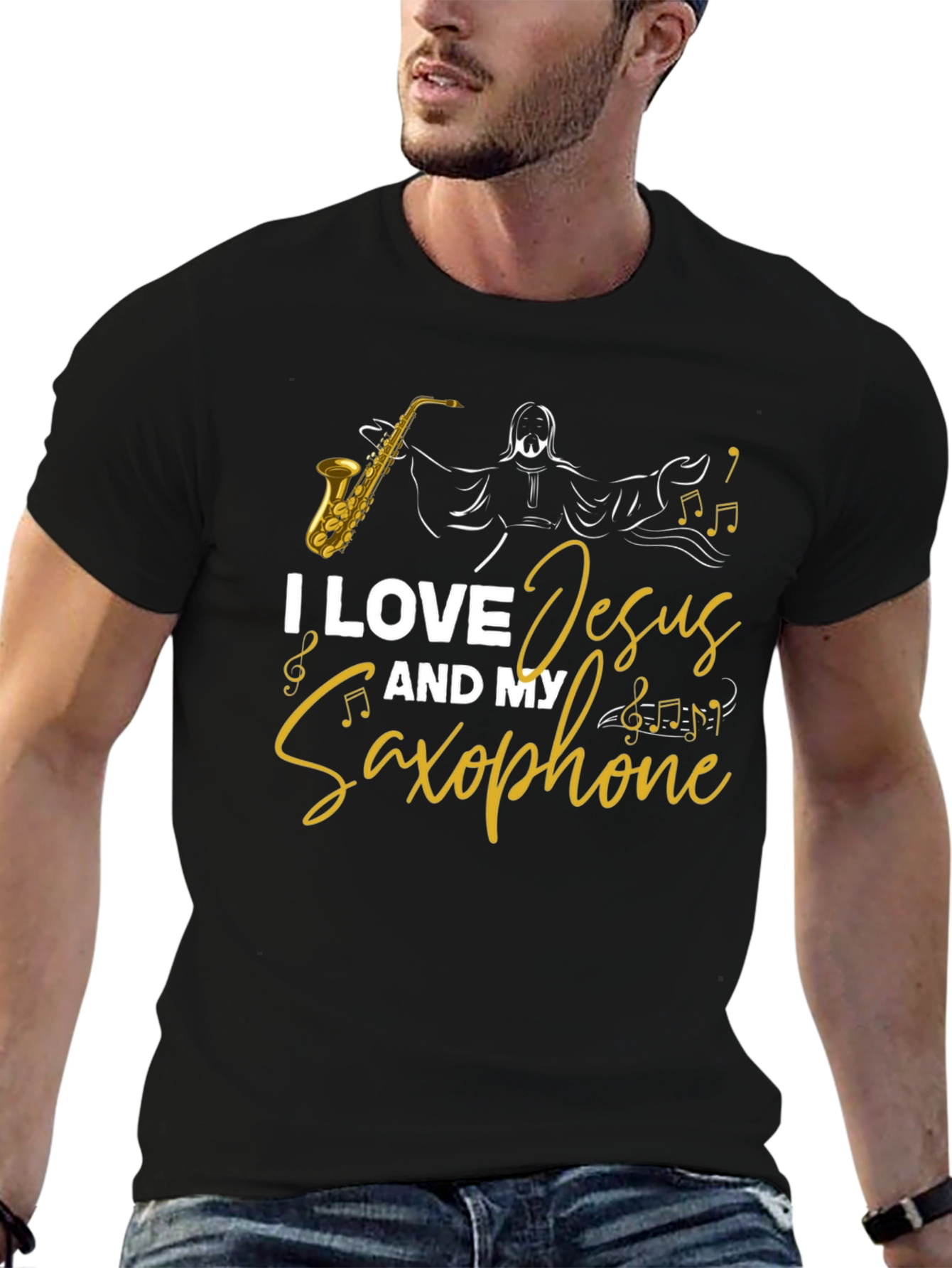 I Love Jesus and My Saxophone Black T-Shirt