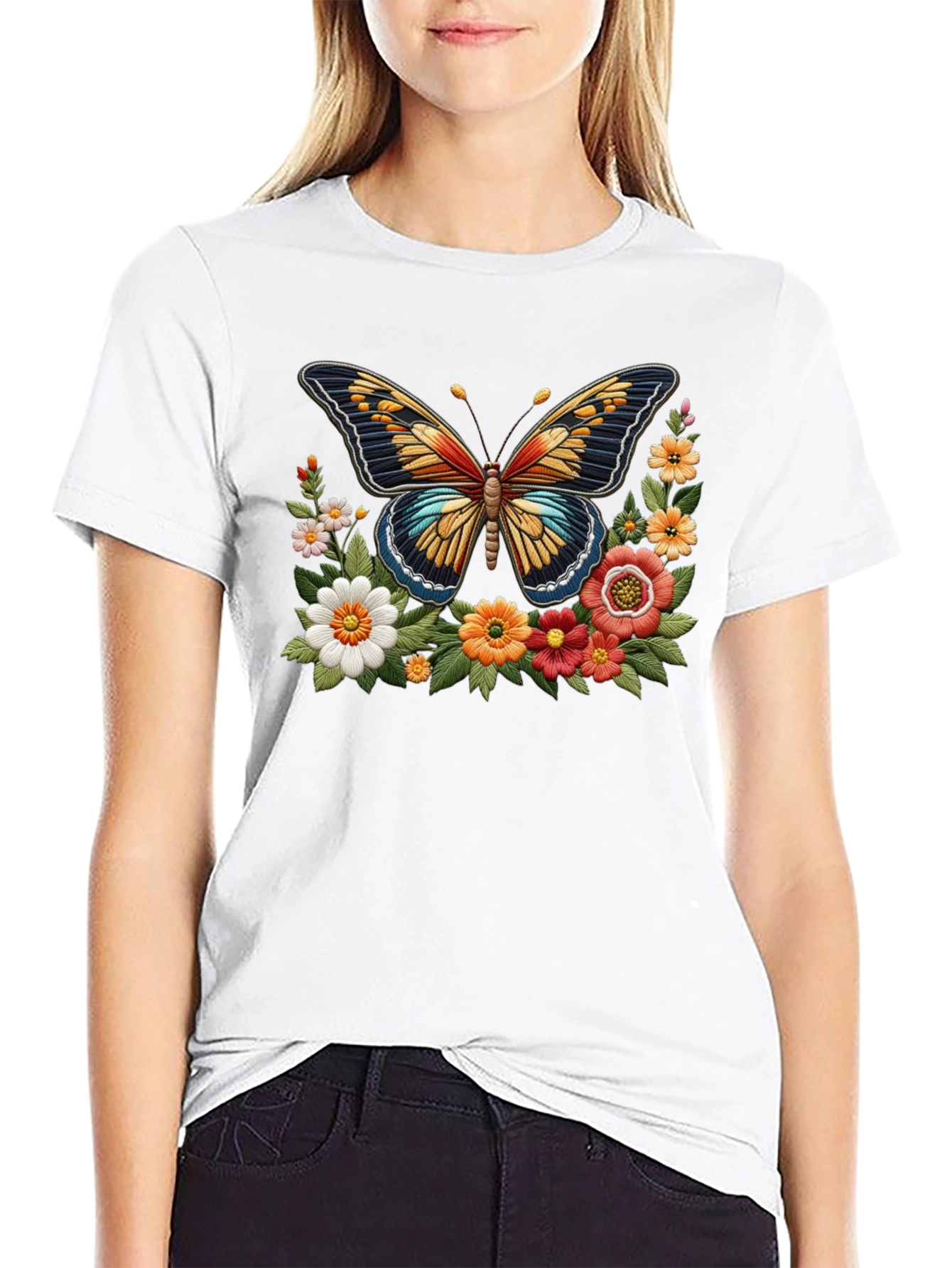 Butterfly Floral Graphic Print Black T-Shirt