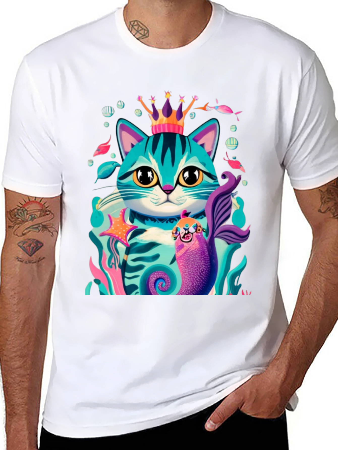 Cartoon Cat Mermaid Graphic Tee - Stylish Black T-Shirt