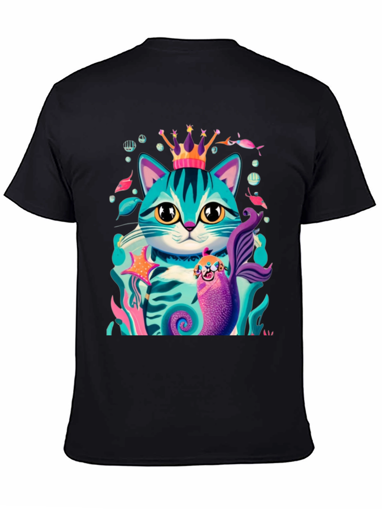 Cartoon Cat Mermaid Graphic Tee - Stylish Black T-Shirt