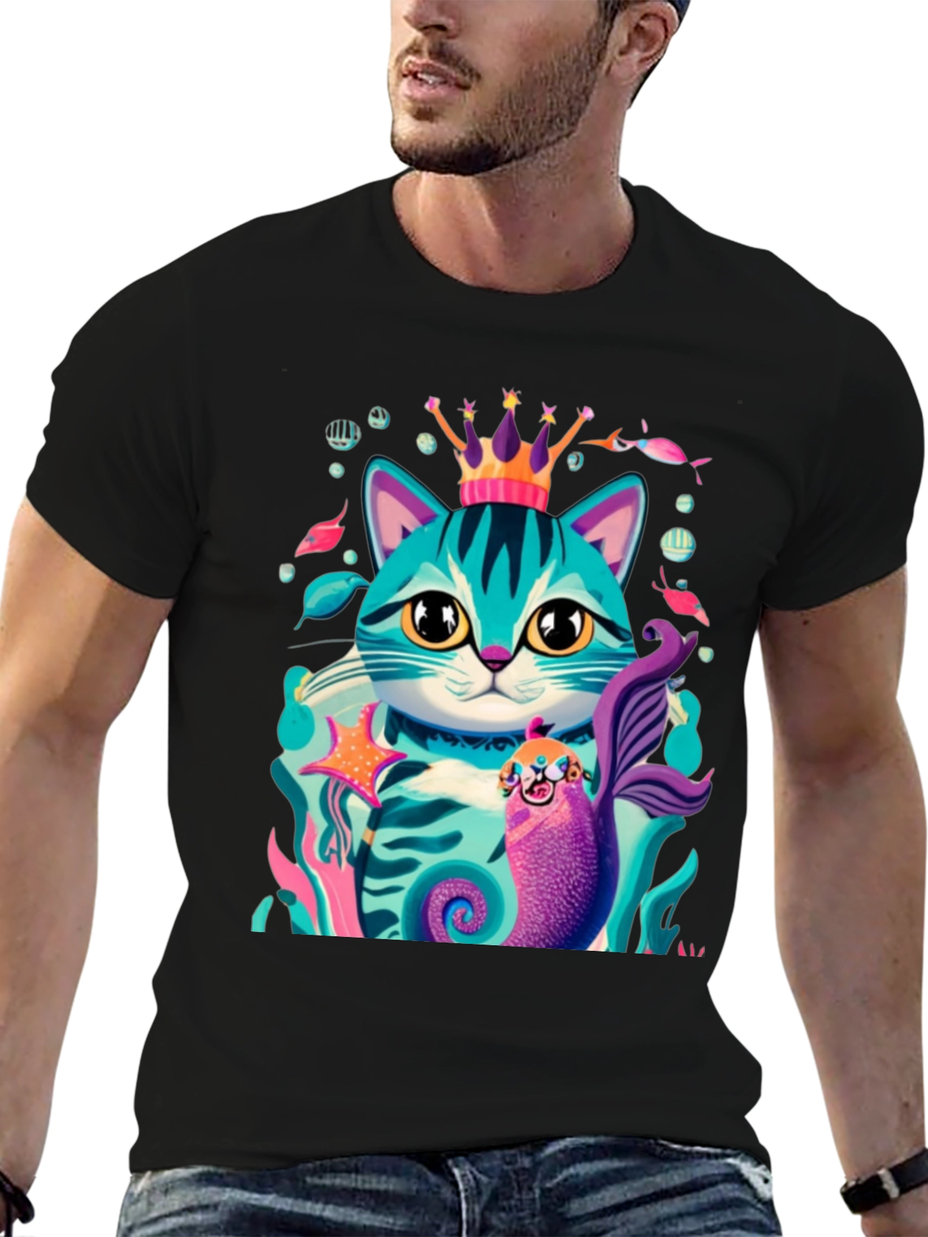 Cartoon Cat Mermaid Graphic Tee - Stylish Black T-Shirt