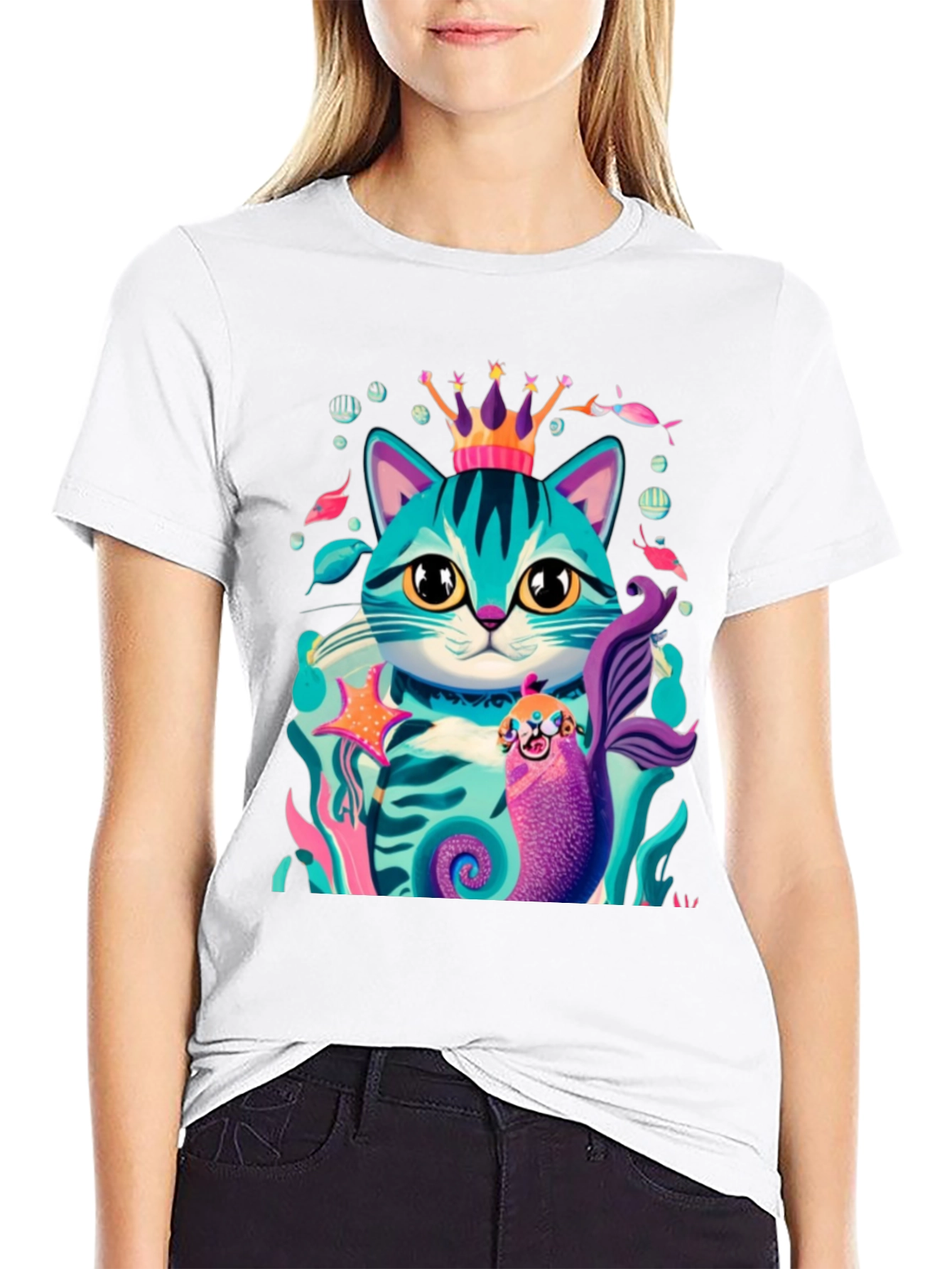 Cartoon Cat Mermaid Graphic Tee - Stylish Black T-Shirt