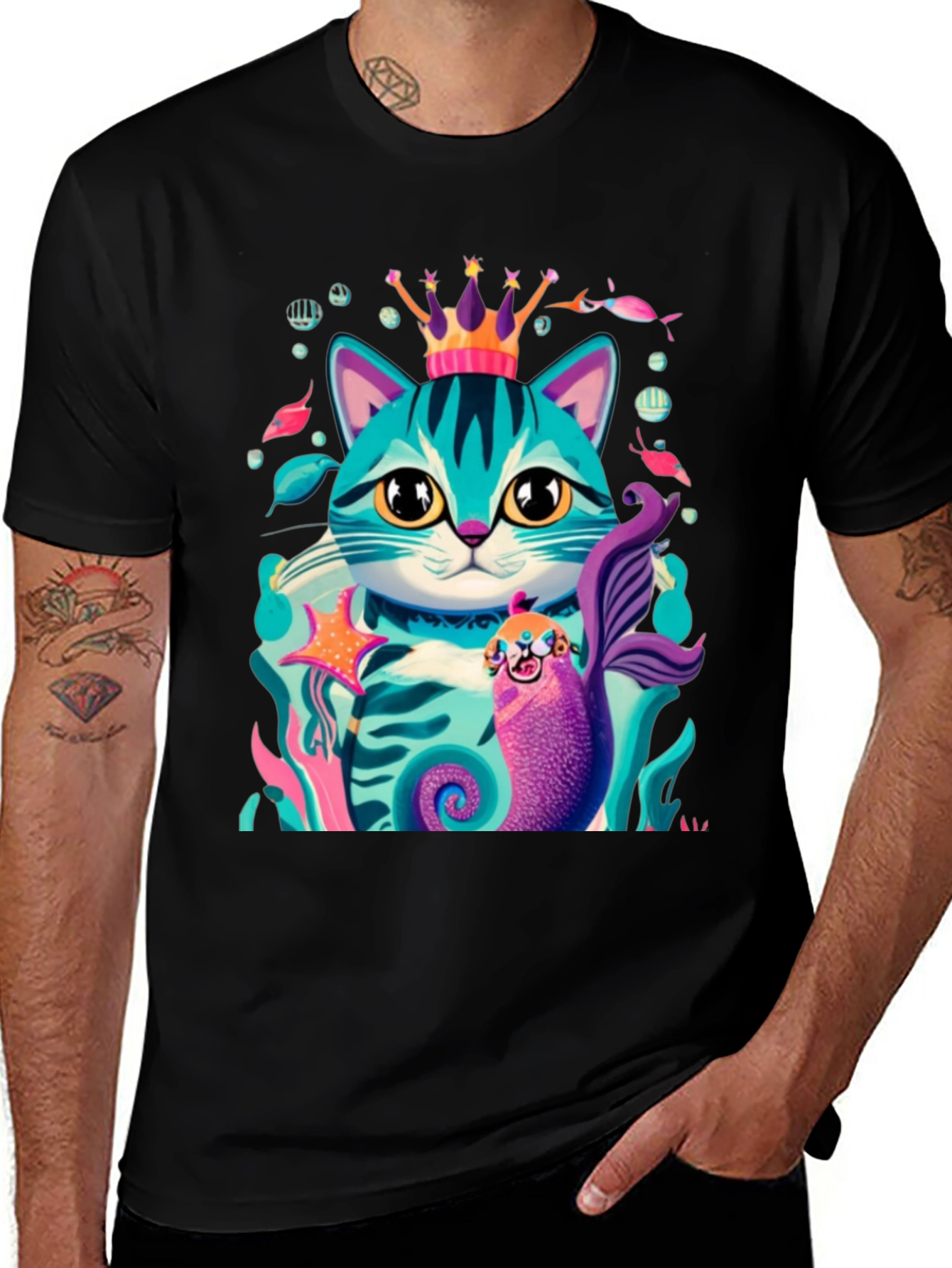 Cartoon Cat Mermaid Graphic Tee - Stylish Black T-Shirt
