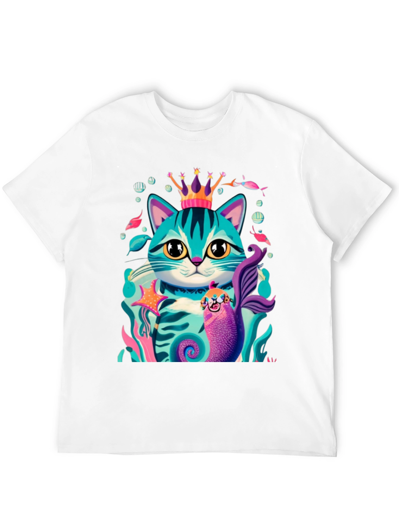 Cartoon Cat Mermaid Graphic Tee - Stylish Black T-Shirt