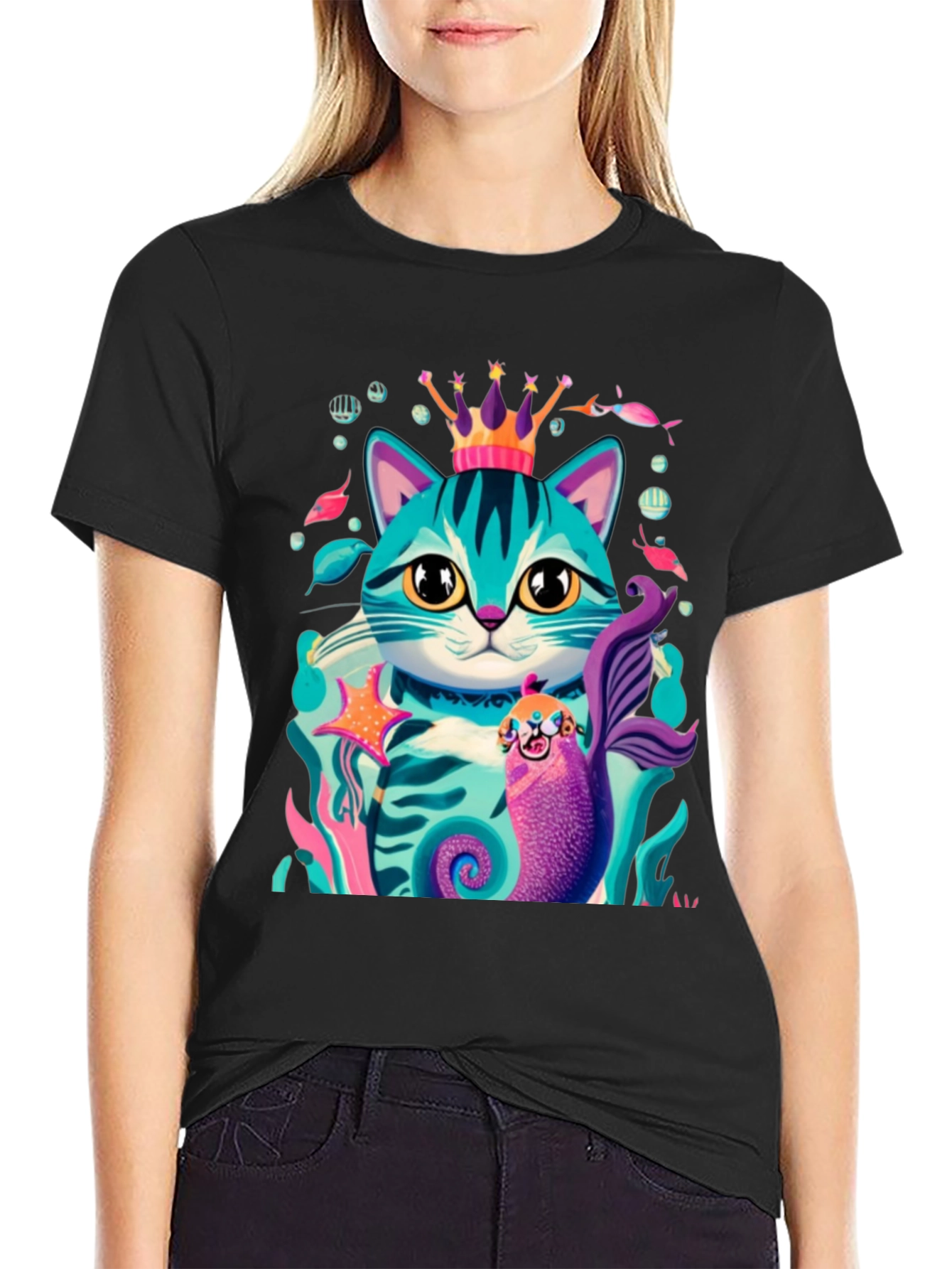 Cartoon Cat Mermaid Graphic Tee - Stylish Black T-Shirt