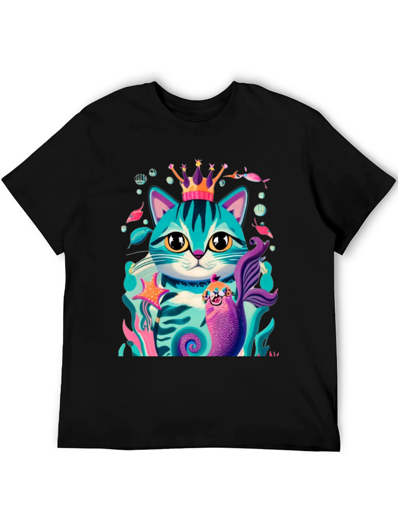 Cartoon Cat Mermaid Graphic Tee - Stylish Black T-Shirt