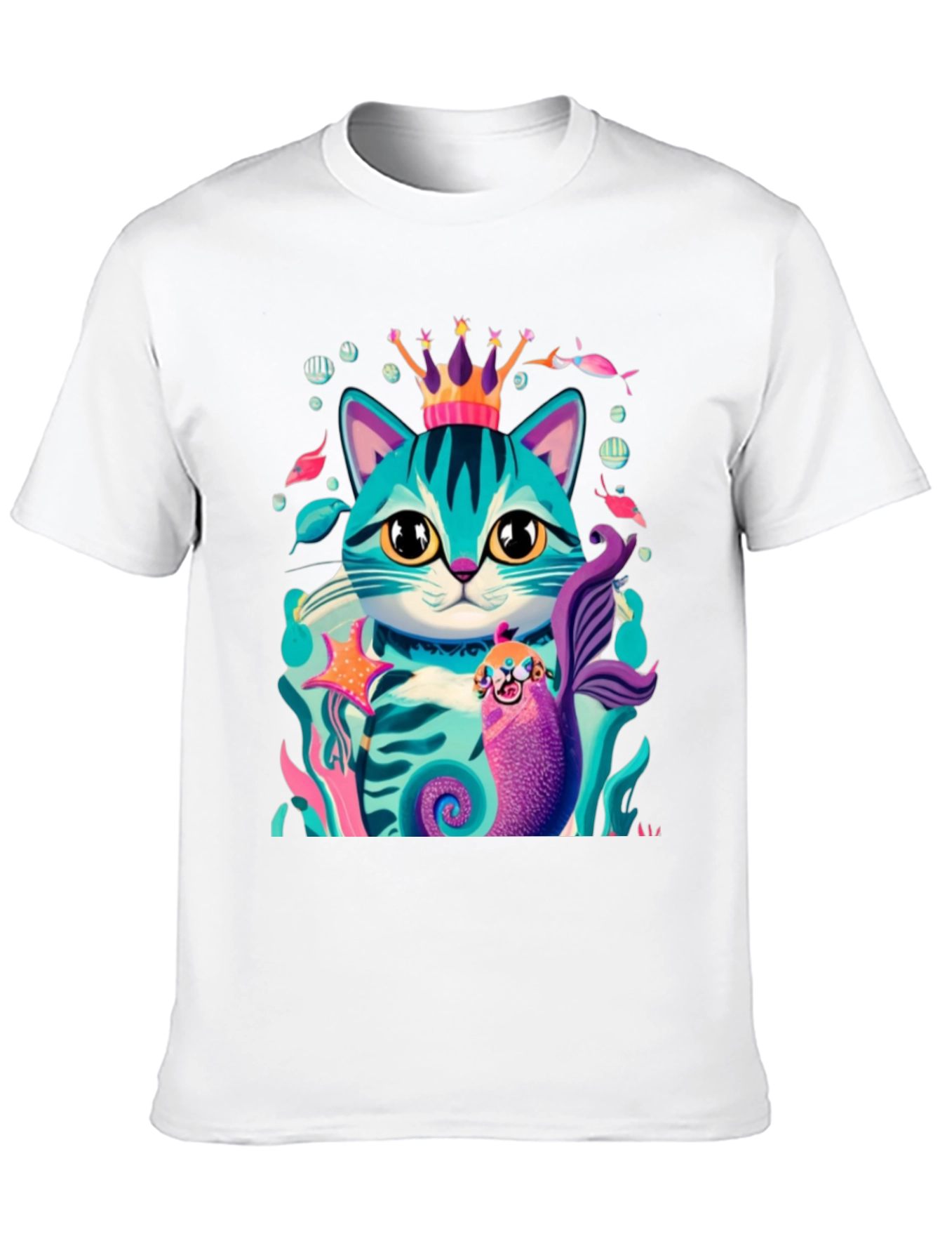 Cartoon Cat Mermaid Graphic Tee - Stylish Black T-Shirt
