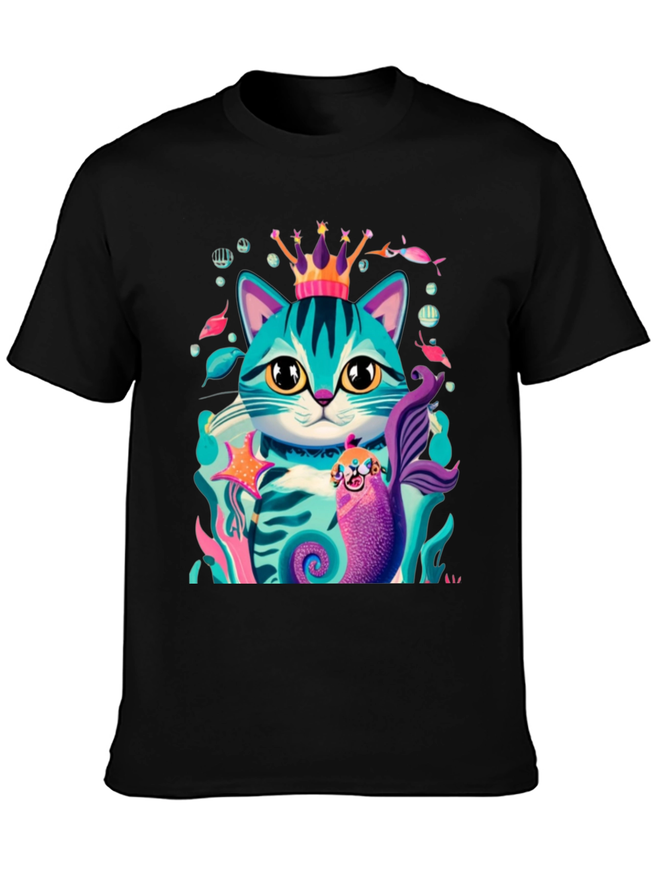 Cartoon Cat Mermaid Graphic Tee - Stylish Black T-Shirt