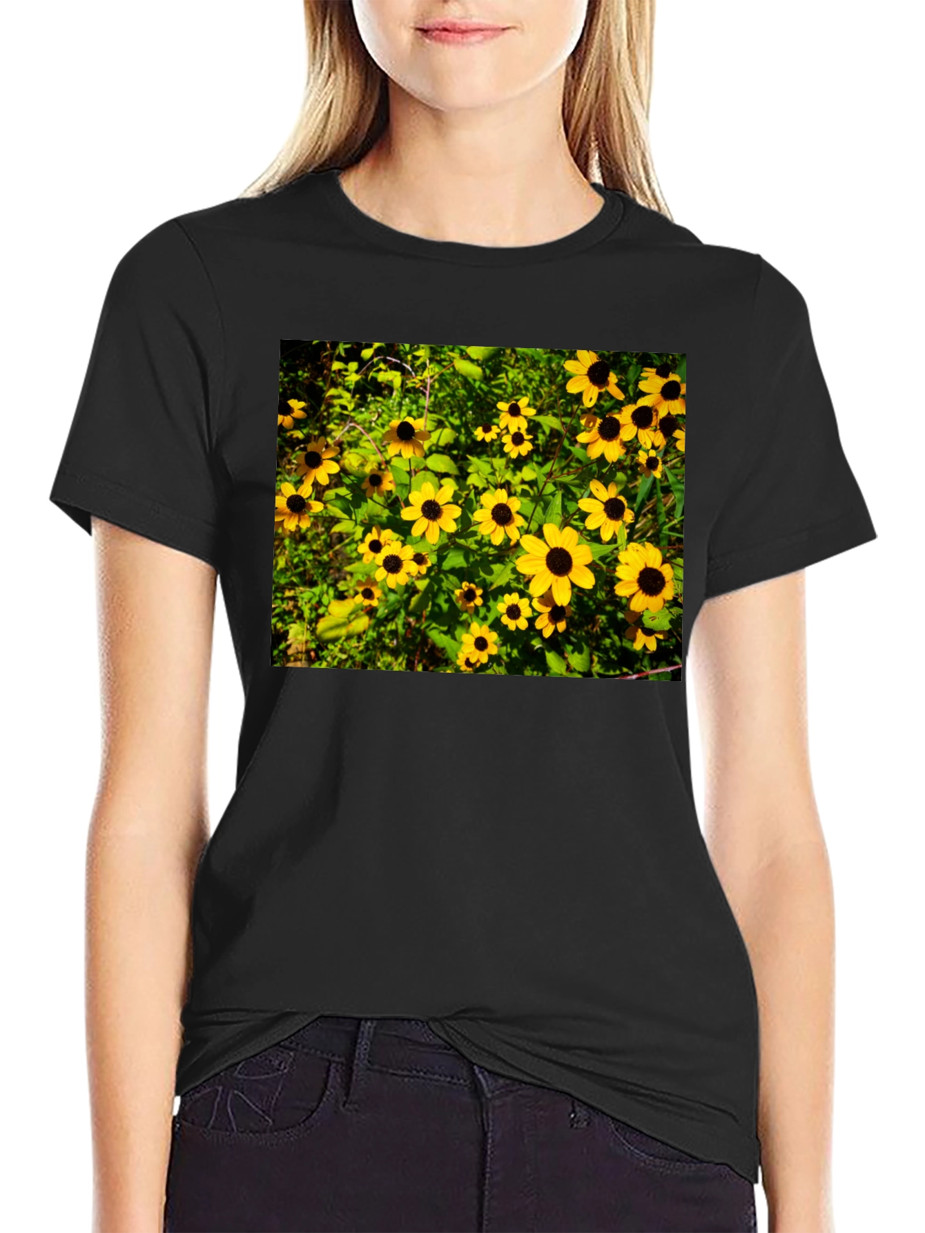 Floral Black T-Shirt - Garden Yellow Flowers